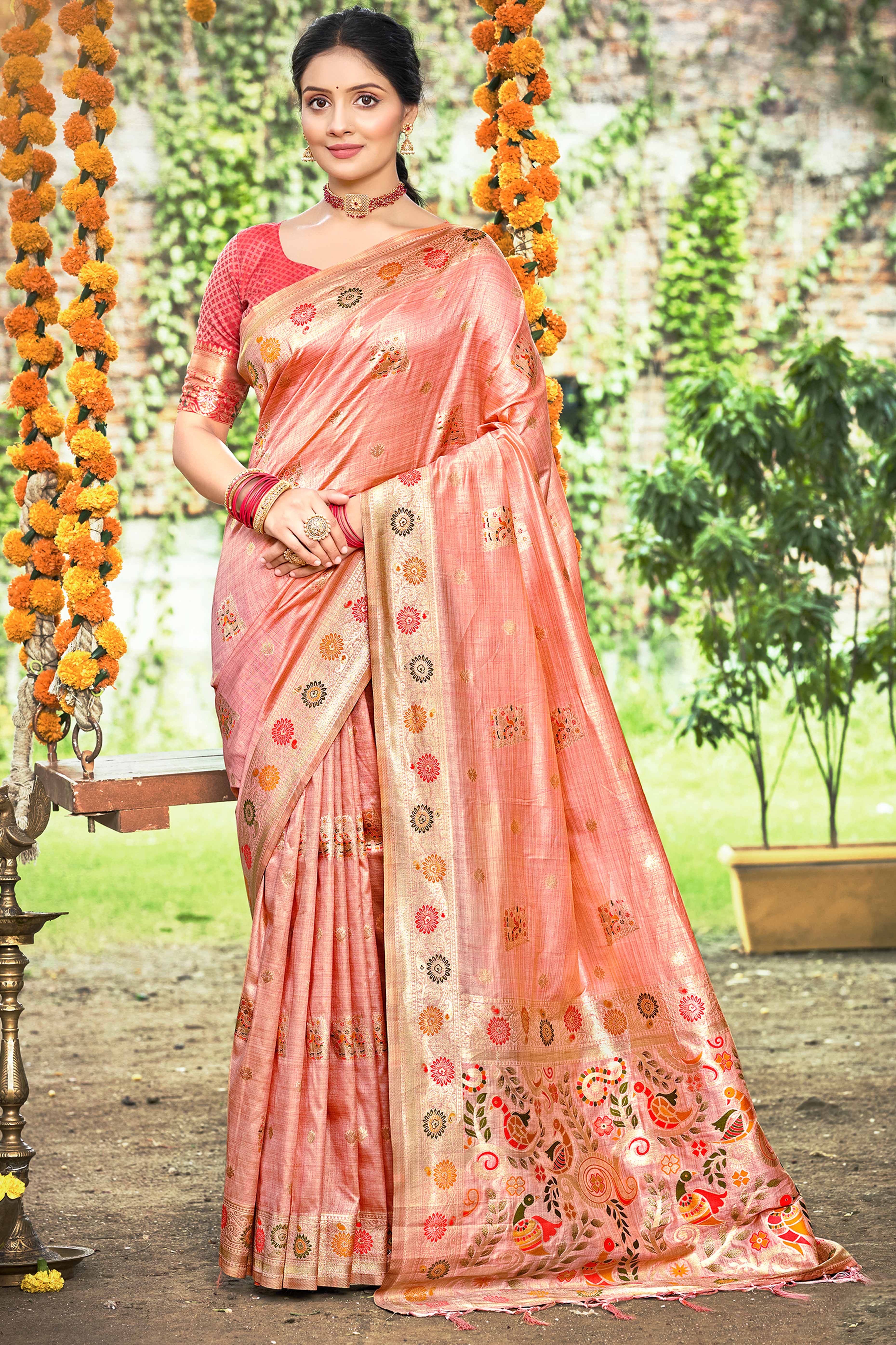 Pink Assam Silk Blend Saree Featuring Intricate Floral Zari Weaving With Tassel Pallu