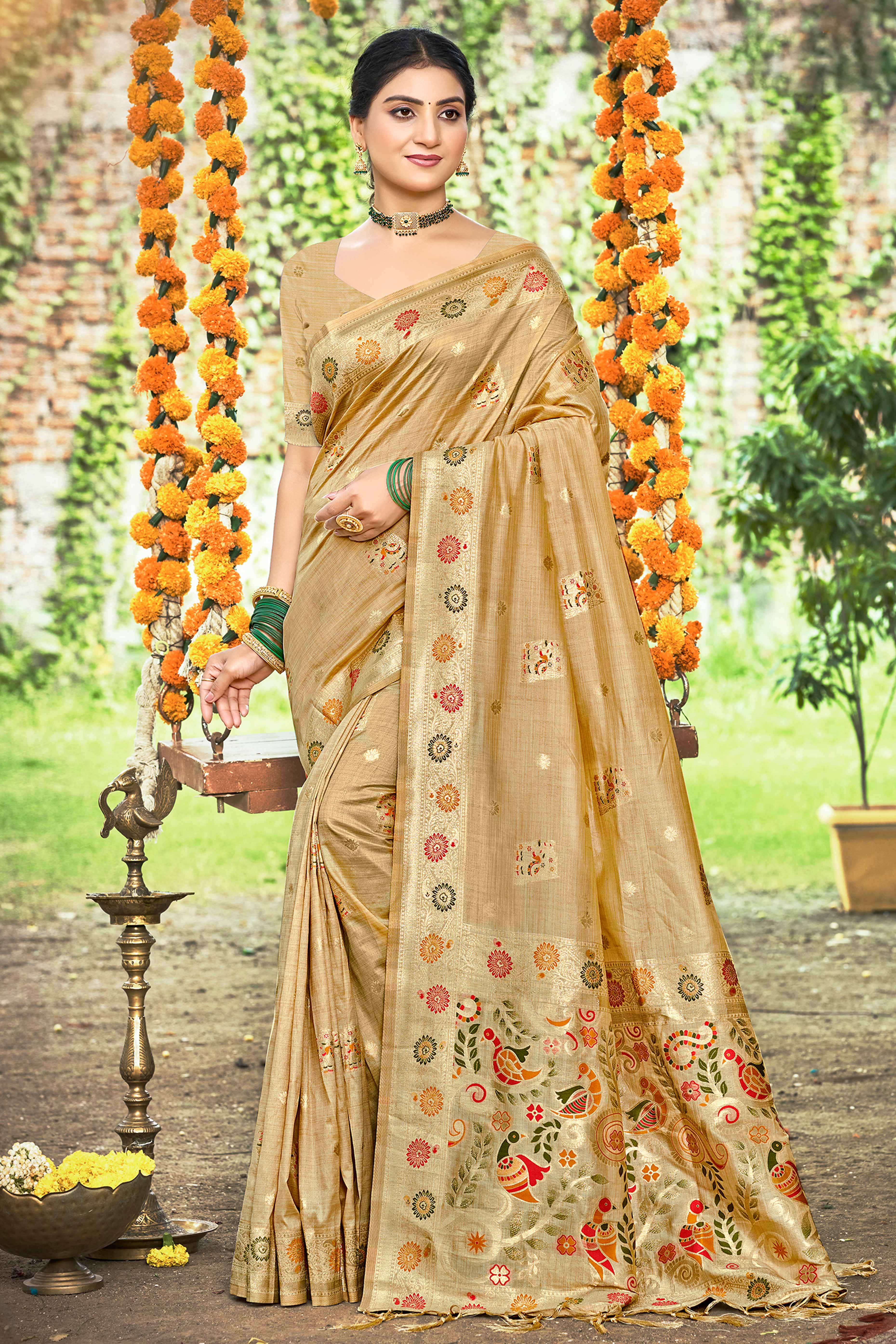Chikoo Assam Silk Blend Saree Featuring Intricate Floral Zari Weaving With Tassel Pallu