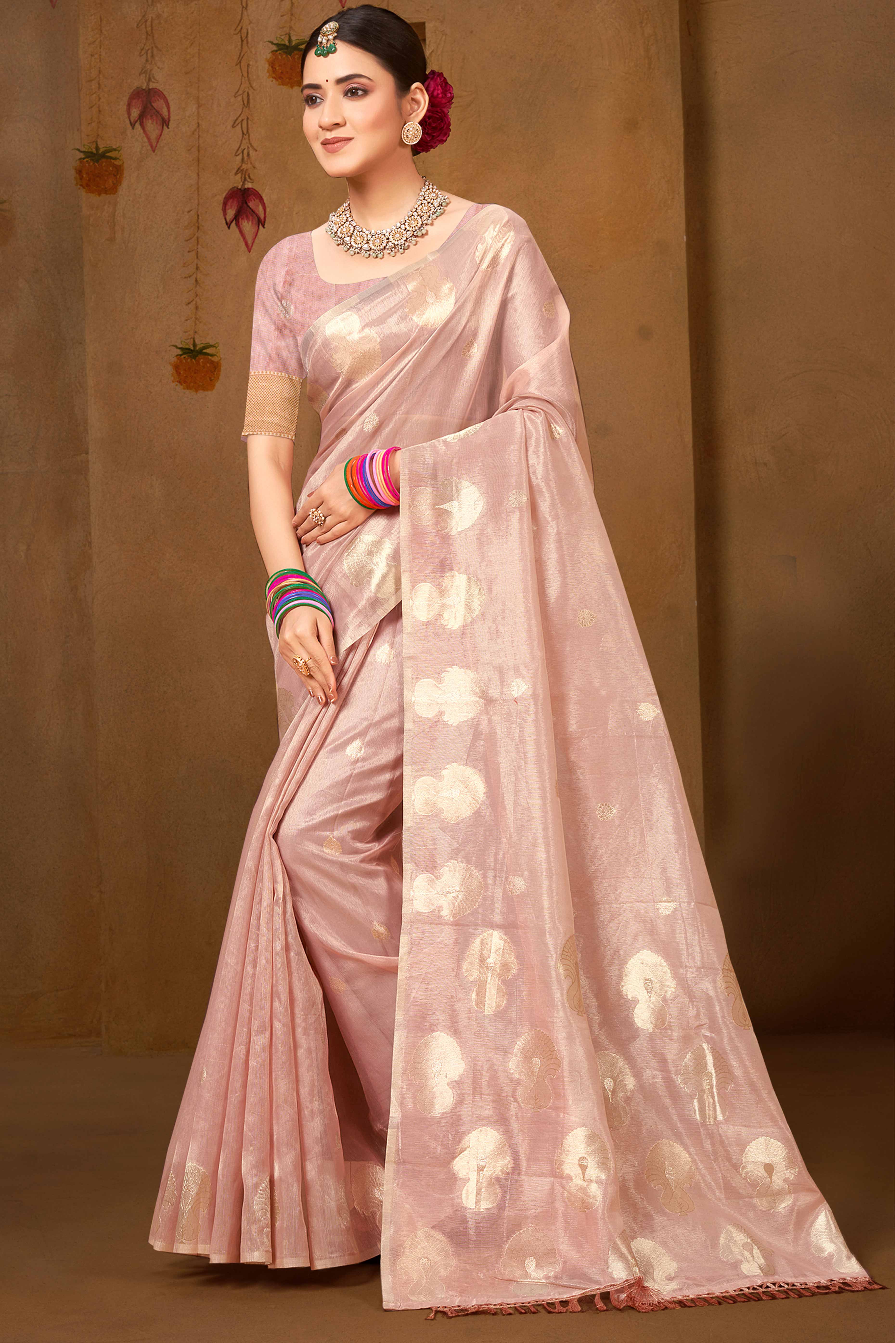 Light Pink Saree in Munga Kota Doria with Traditional Zari Weaving