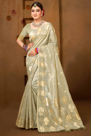 Light Grey Saree in Munga Kota Doria with Traditional Zari Weaving
