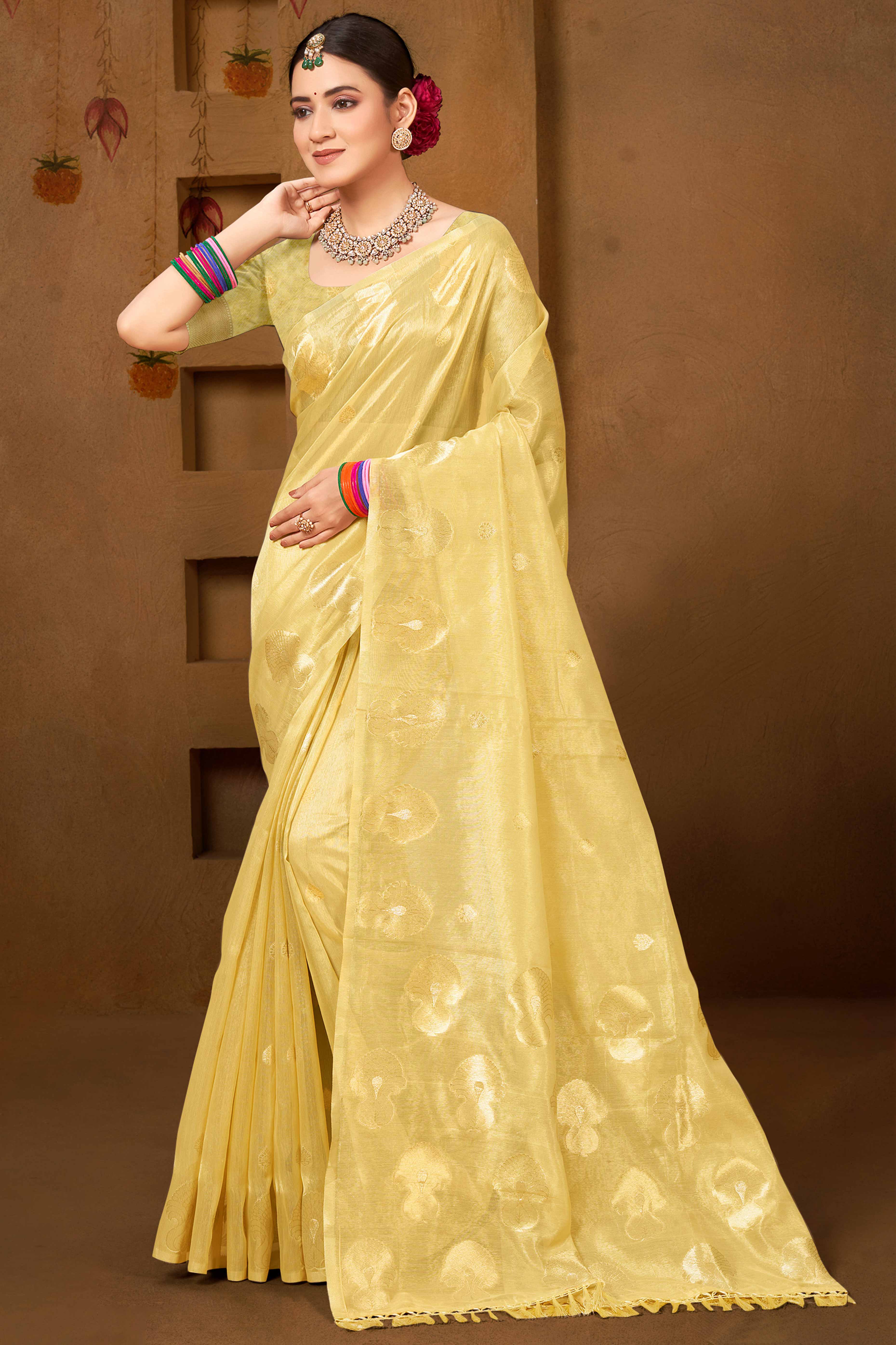 Yellow Saree in Munga Kota Doria with Traditional Zari Weaving