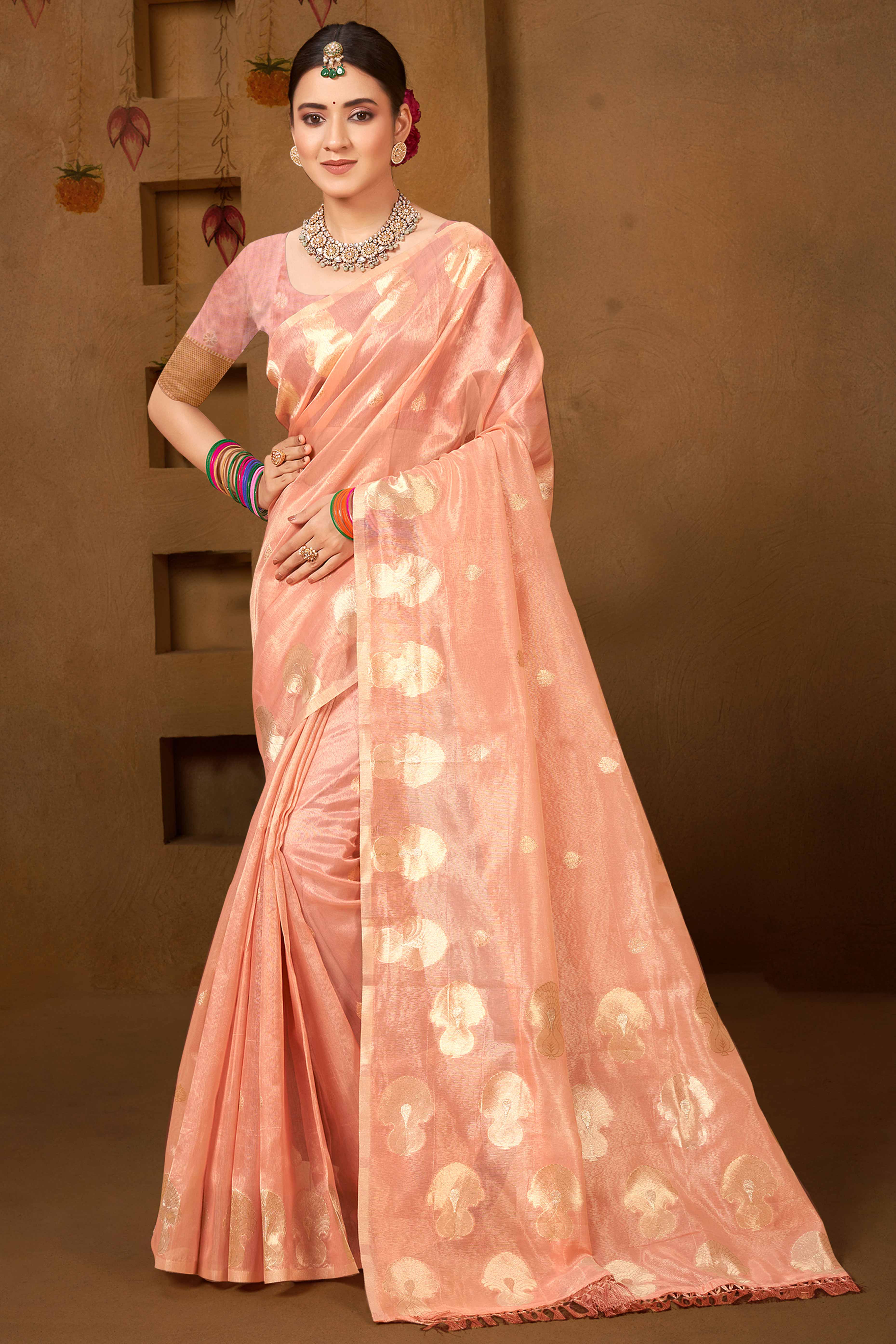 Peach Saree in Munga Kota Doria with Traditional Zari Weaving