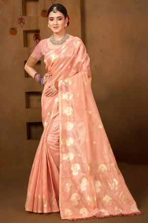 Peach Saree in Munga Kota Doria with Traditional Zari Weaving