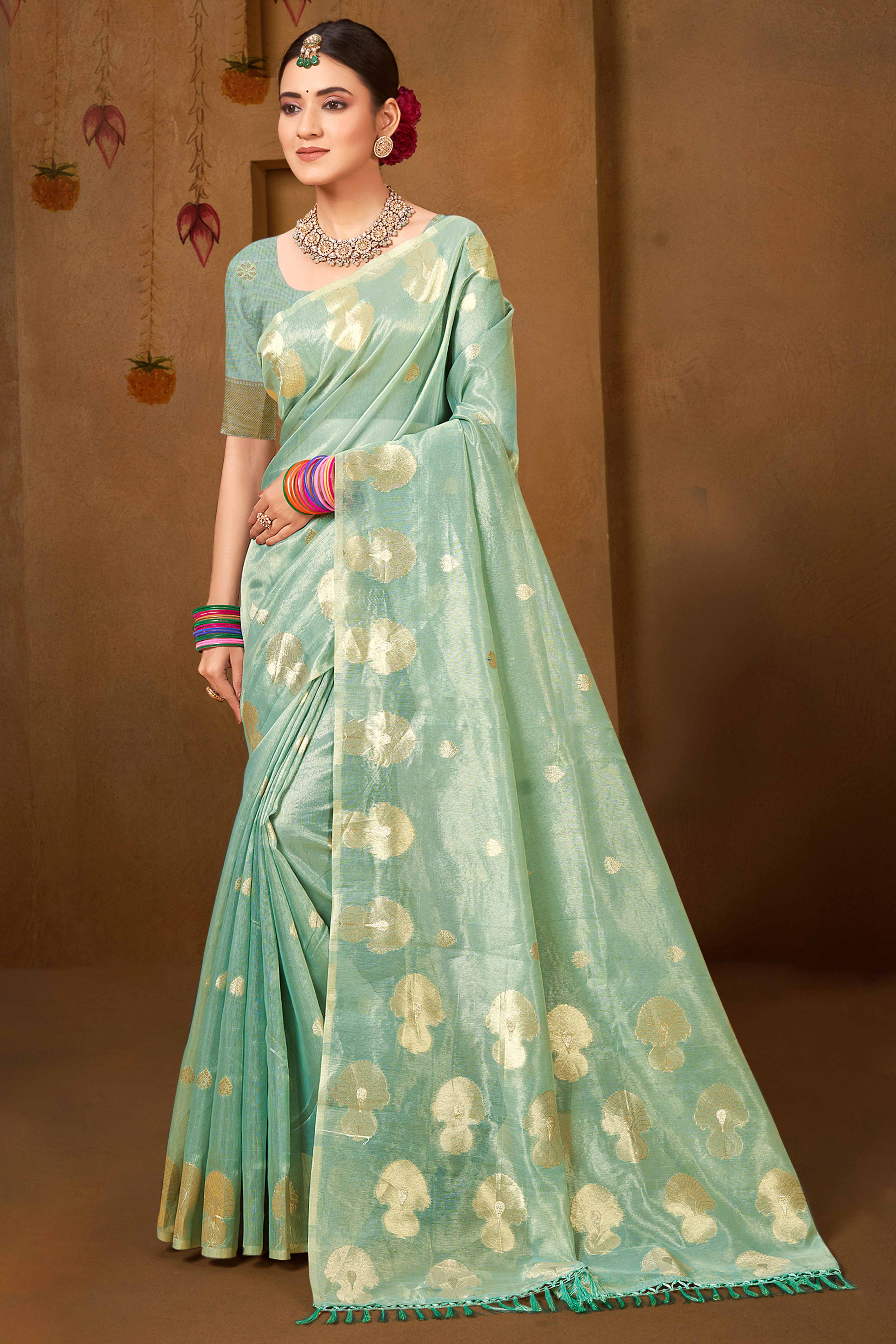 Sea Green Saree in Munga Kota Doria with Traditional Zari Weaving