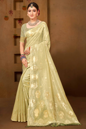 Olive Green Saree in Munga Kota Doria with Traditional Zari Weaving