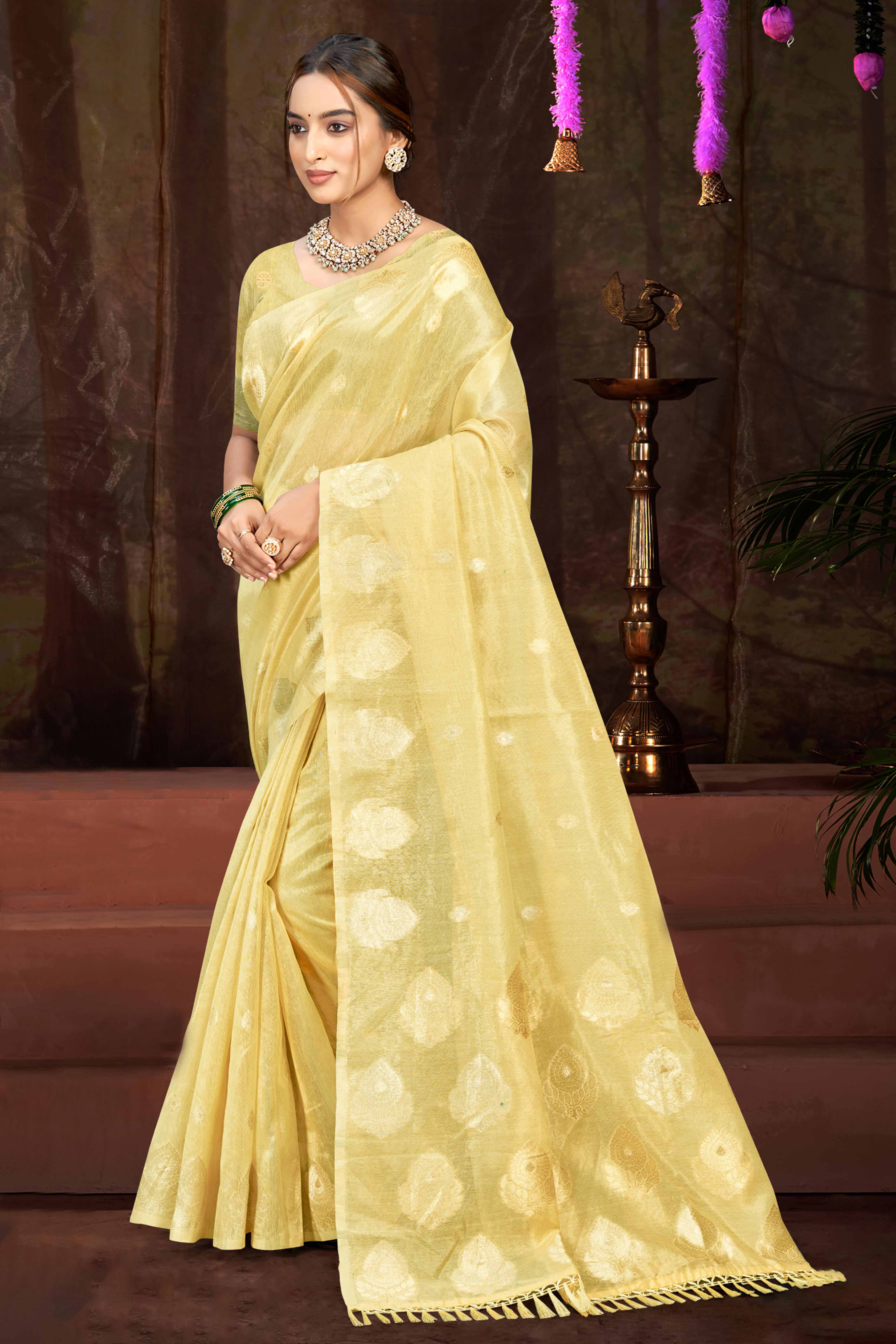 Yellow Kota Doria Saree with Munga Weave and Zari Accents