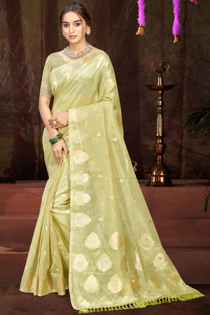 Olive Green Kota Doria Saree with Munga Weave and Zari Accents