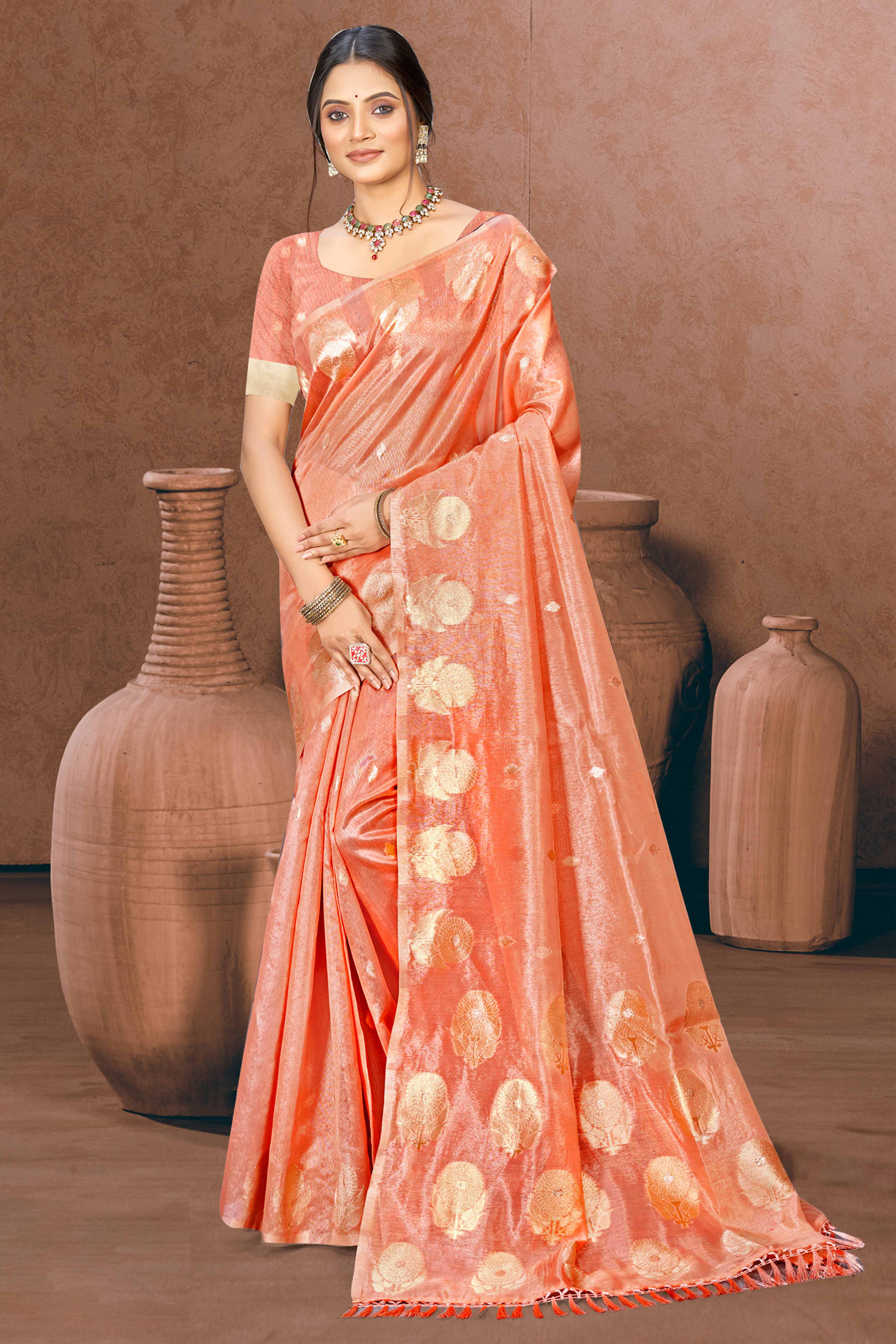 Peach Kota Doria Saree with Rich Traditional Zari Woven Borders