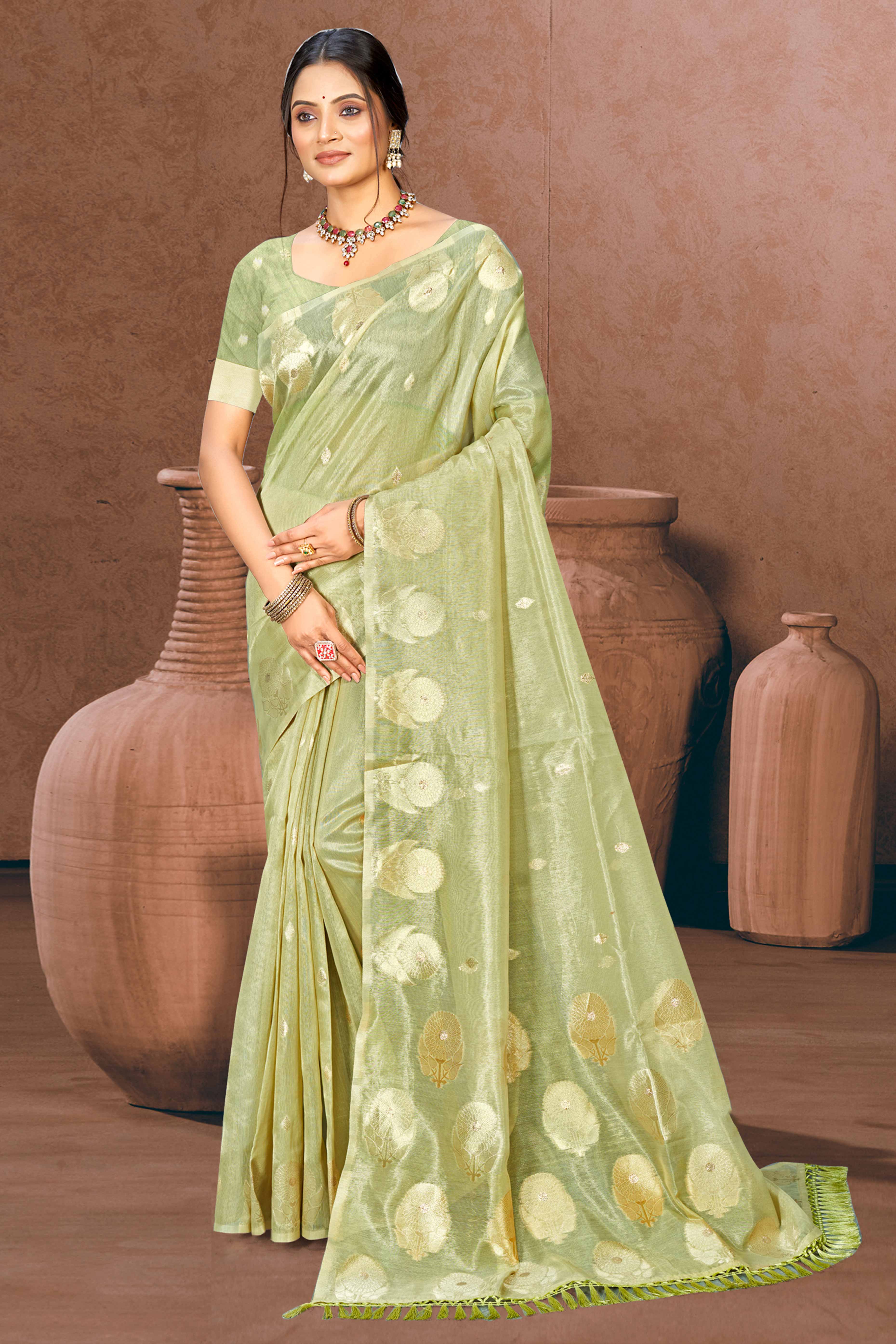 Green Kota Doria Saree with Rich Traditional Zari Woven Borders
