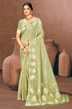 Green Kota Doria Saree with Rich Traditional Zari Woven Borders