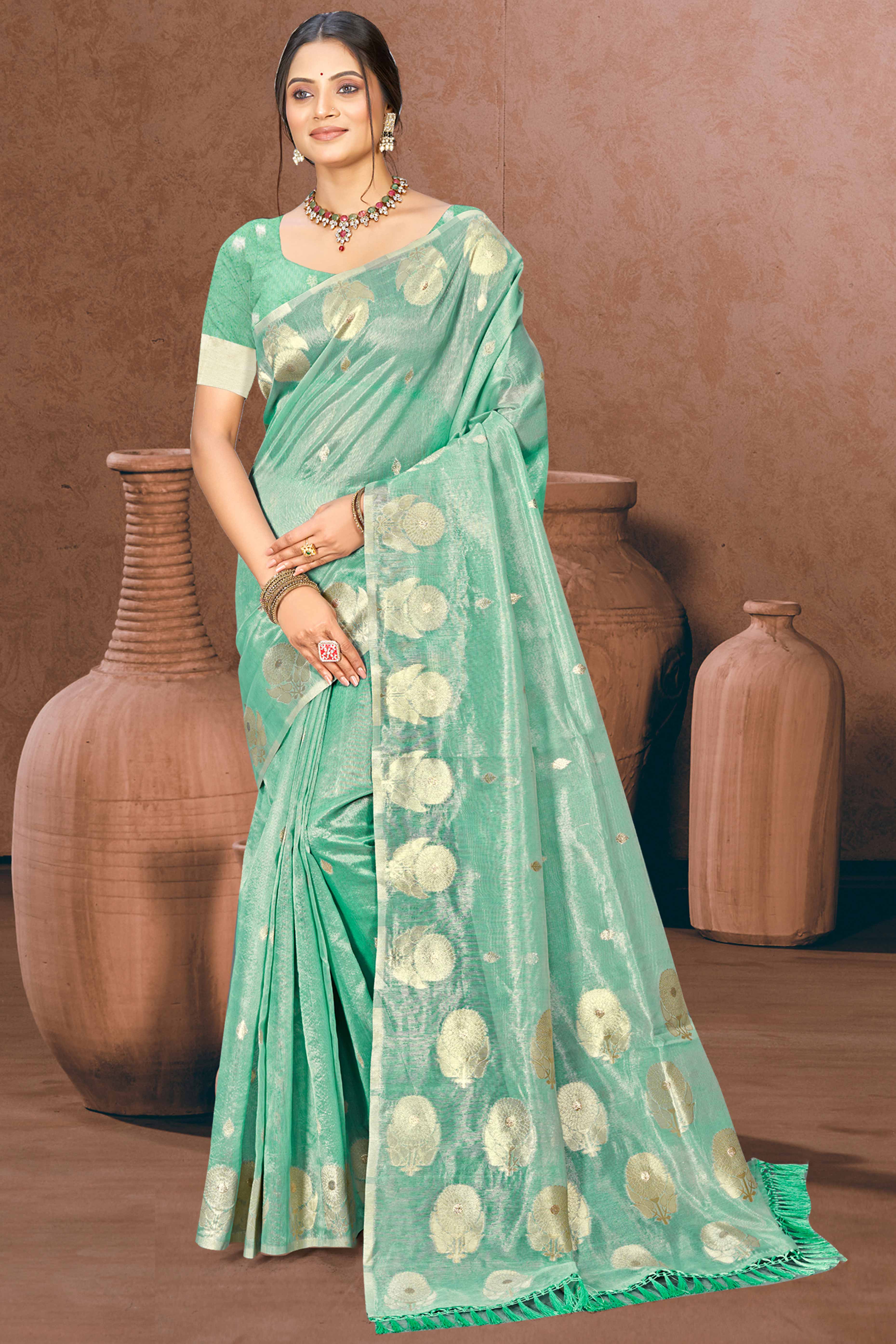 Sea Green Kota Doria Saree with Rich Traditional Zari Woven Borders