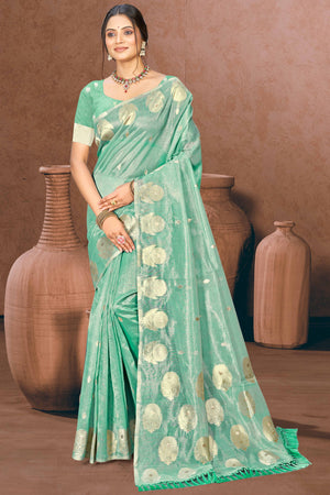 Sea Green Kota Doria Saree with Rich Traditional Zari Woven Borders