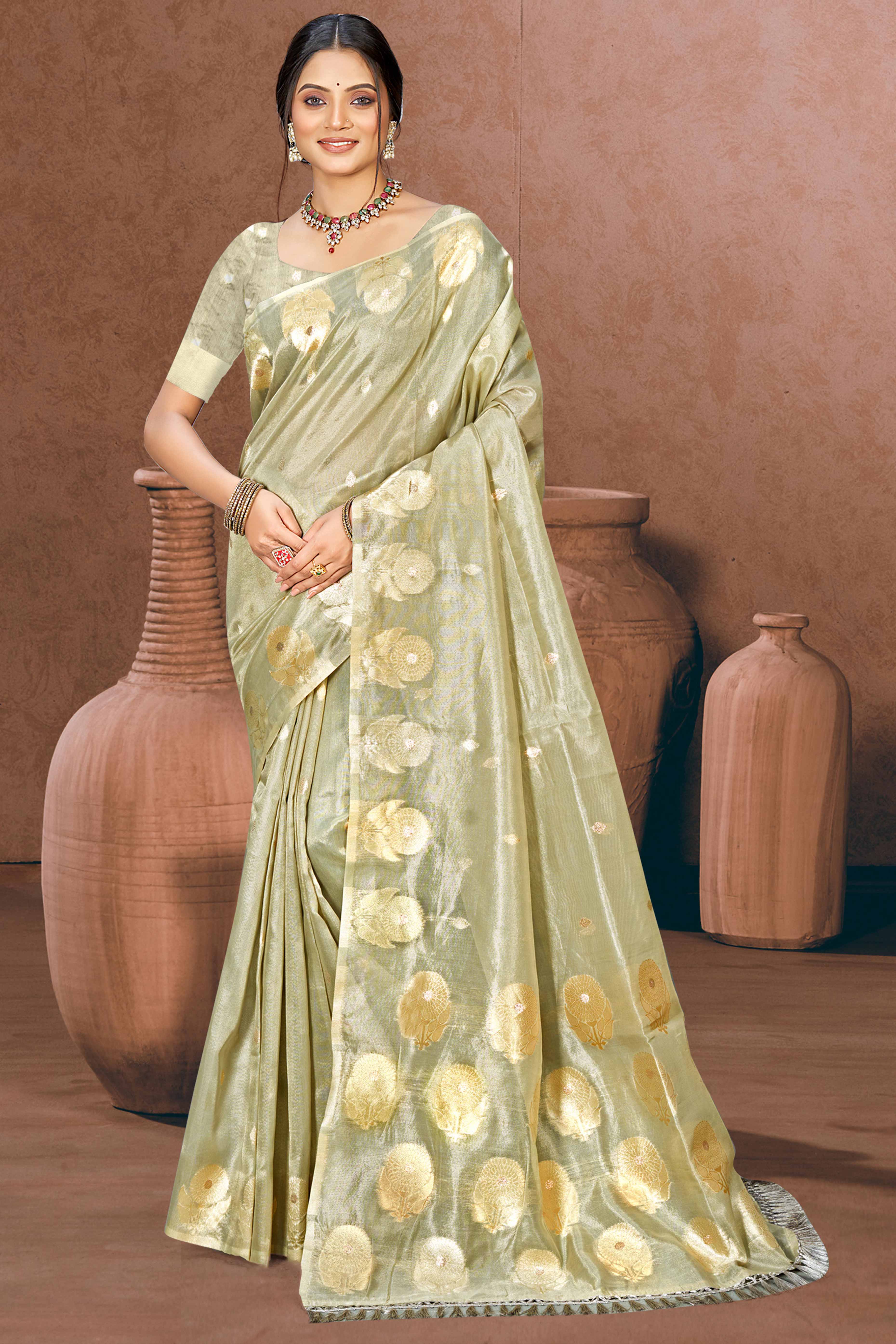 Grey Kota Doria Saree with Rich Traditional Zari Woven Borders