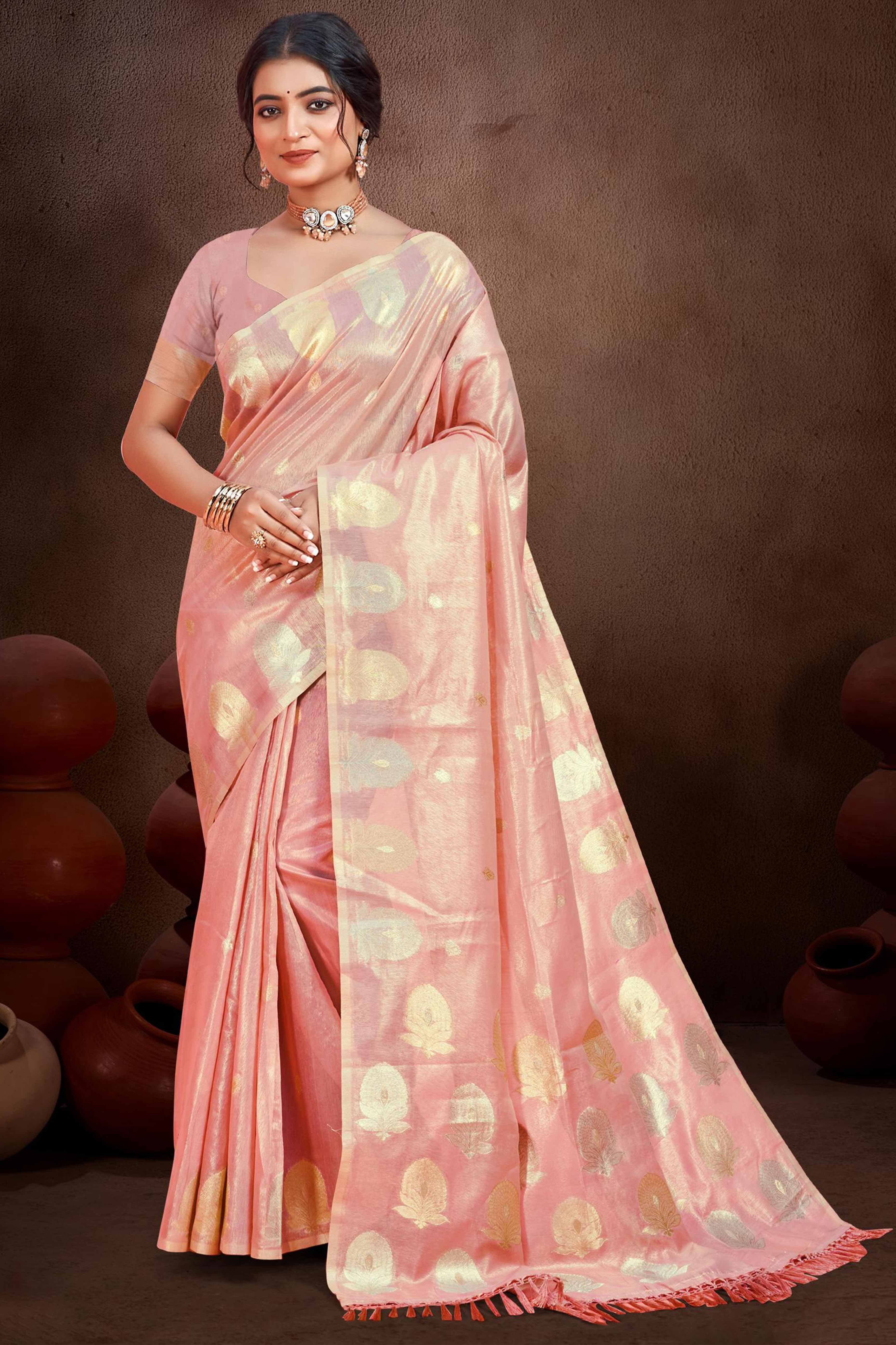 Peach Saree with Traditional Zari Detailing in Munga Kota Doria