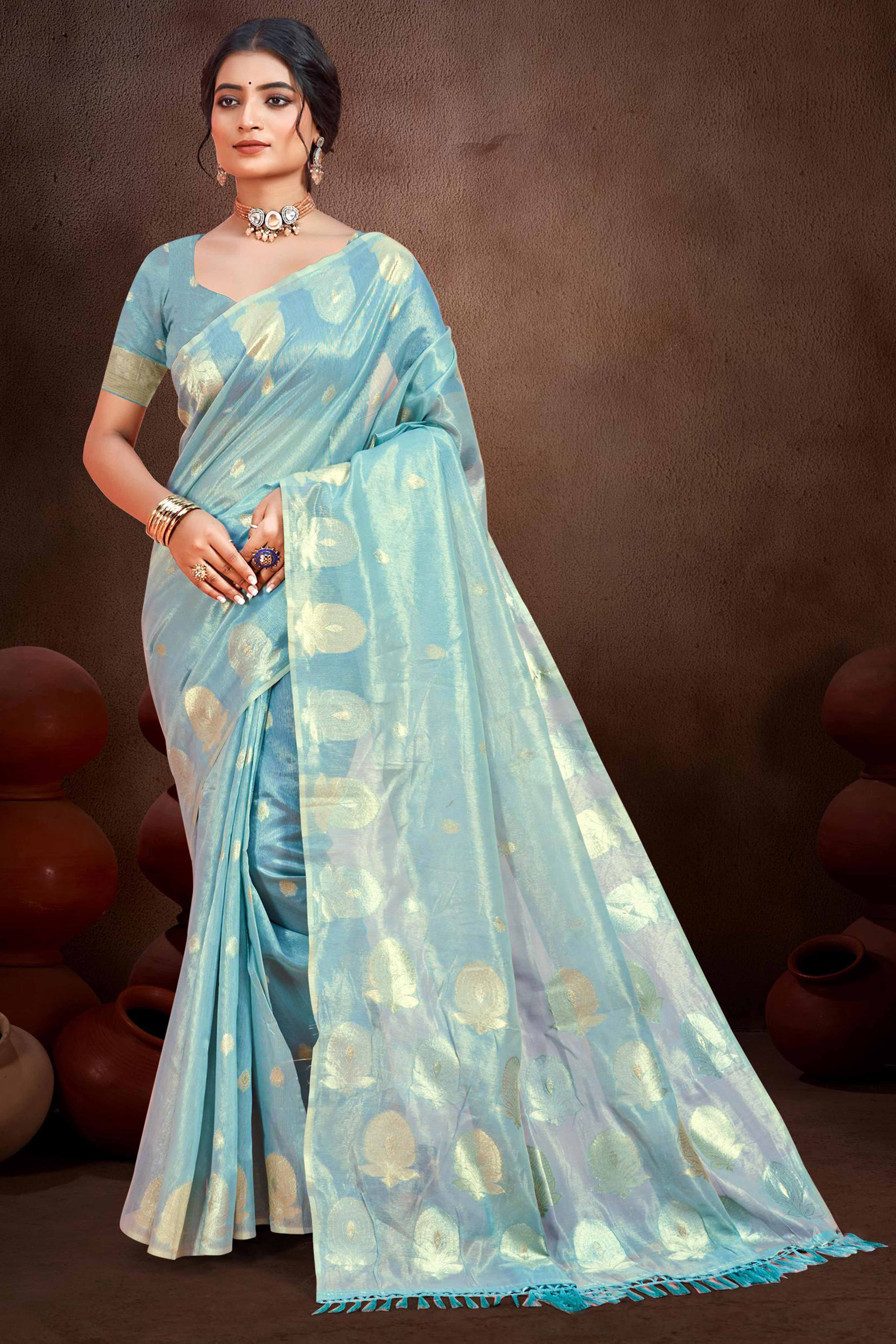 Sky Blue Saree with Traditional Zari Detailing in Munga Kota Doria