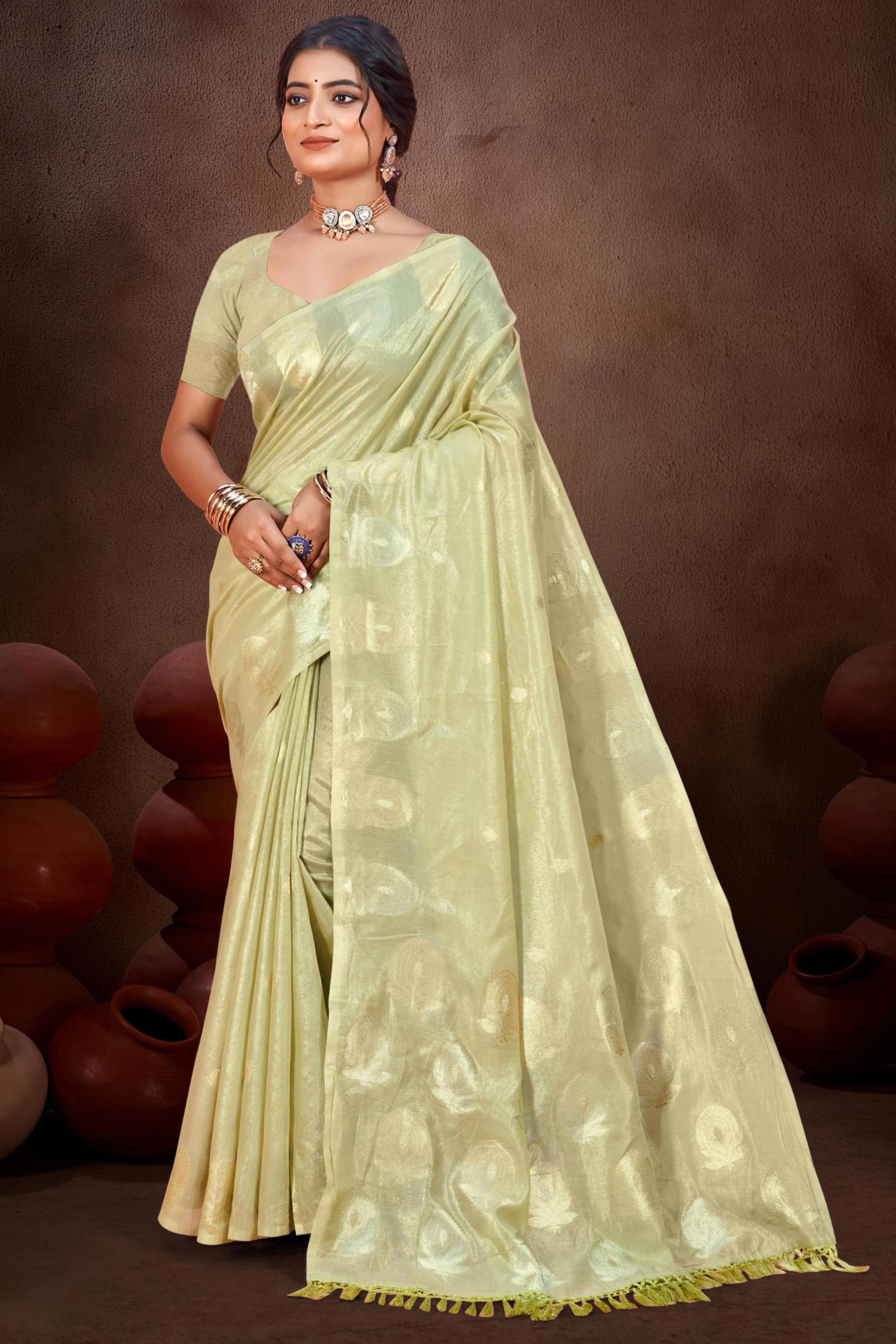 Olive Green Saree with Traditional Zari Detailing in Munga Kota Doria