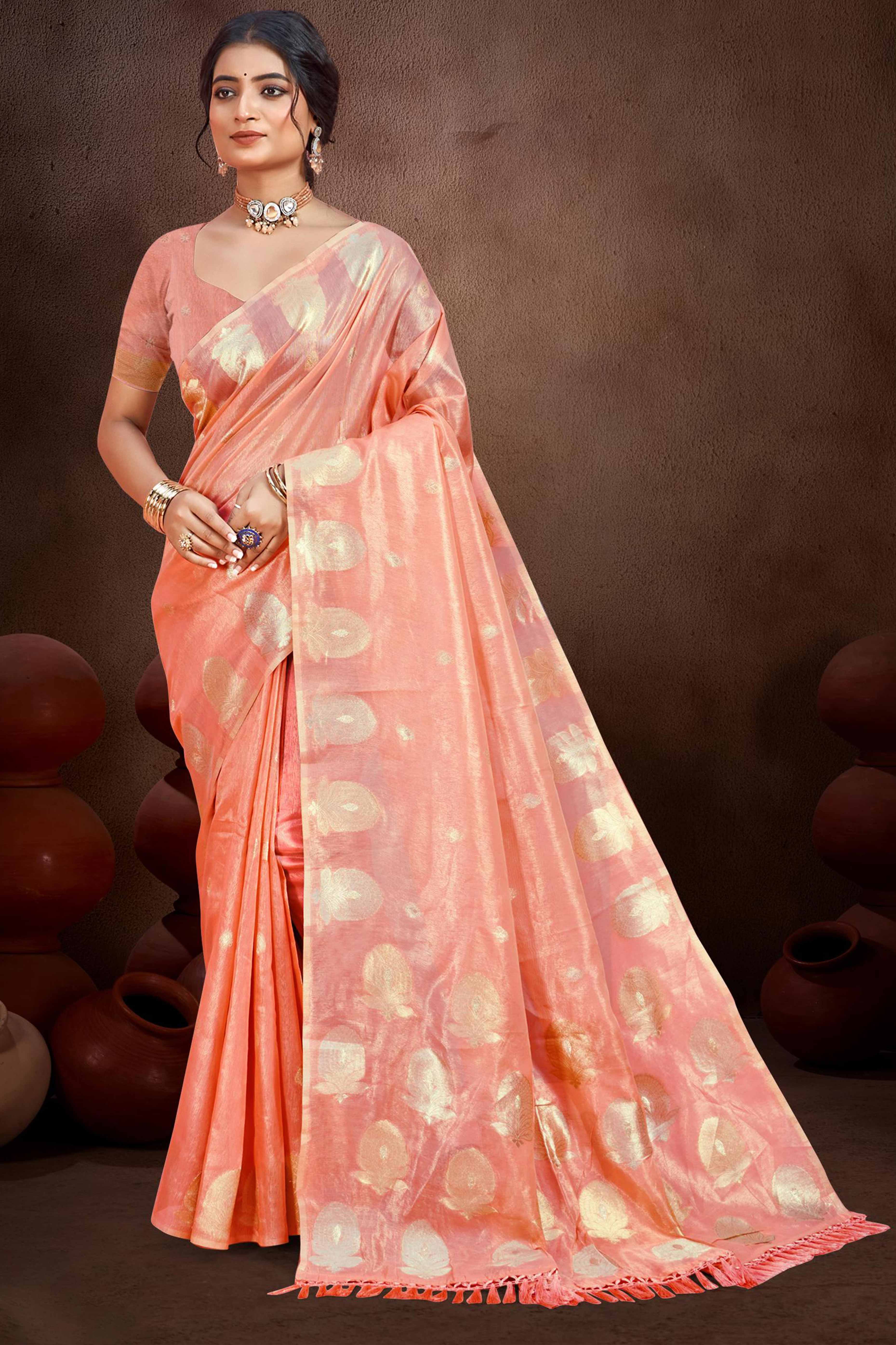 Gajri Pink Saree with Traditional Zari Detailing in Munga Kota Doria