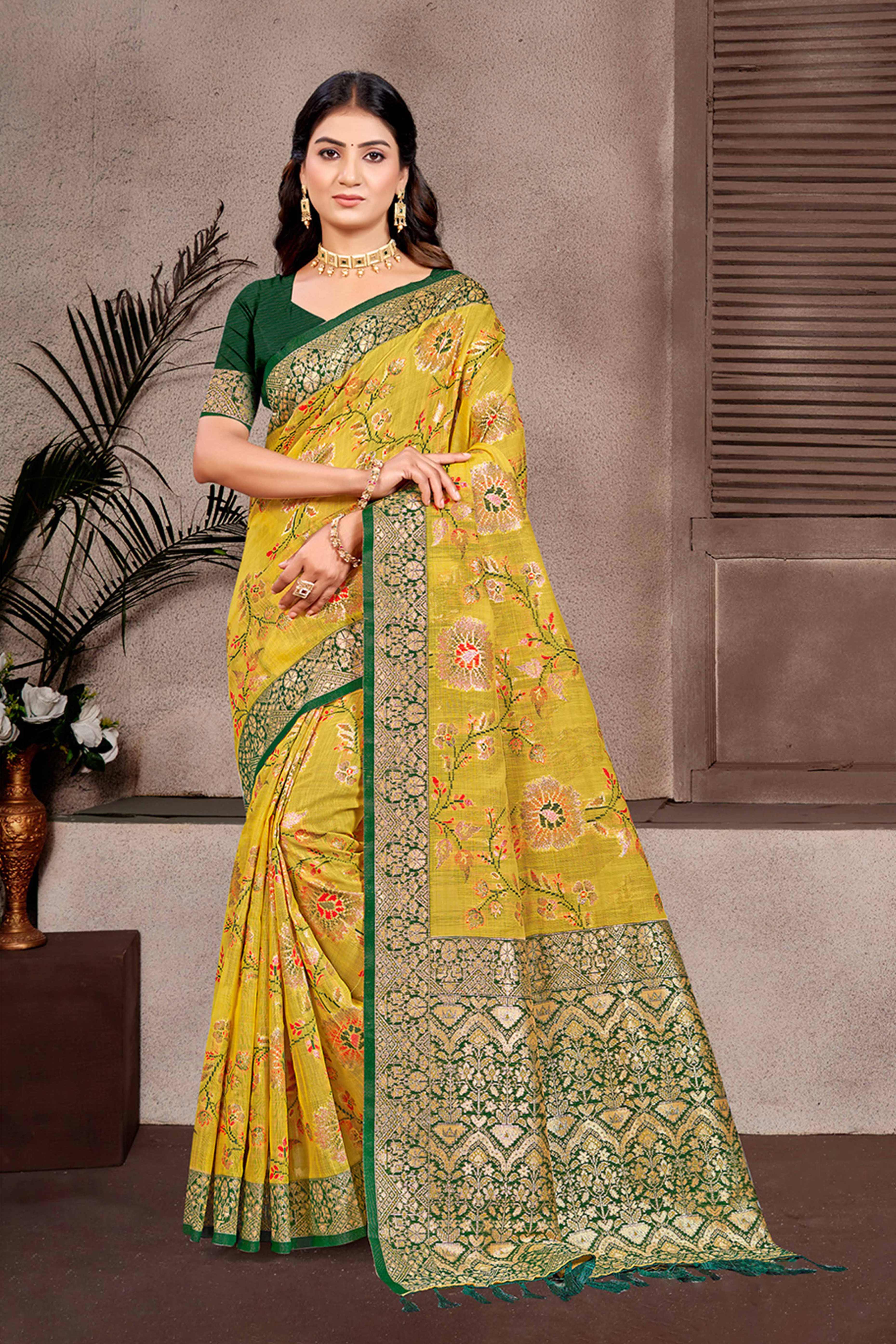 Opulent Mustard Floral Zari Motif Weaving Cotton Silk Saree With Elegant Tassel Pallu