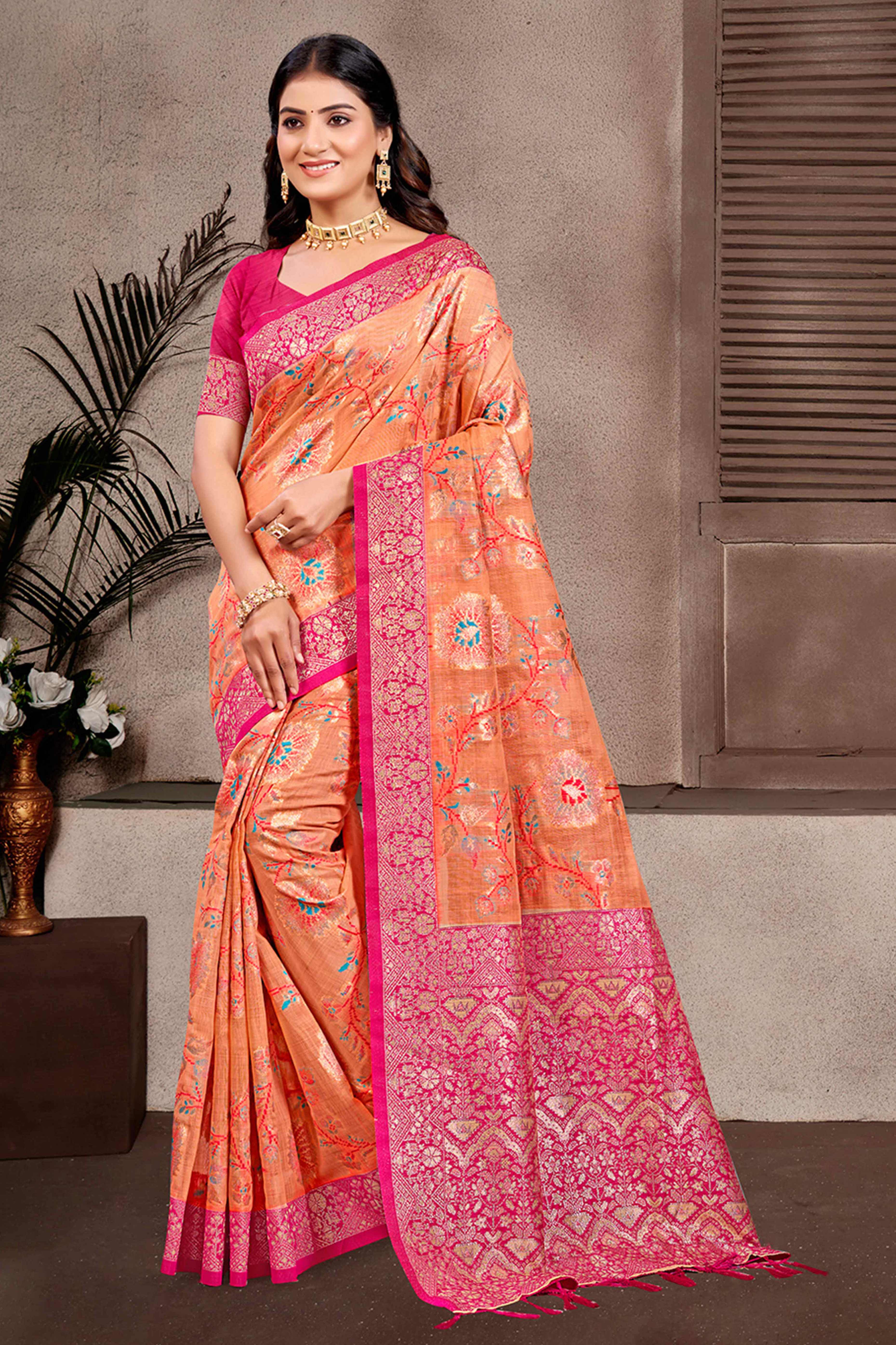 Opulent Orange Floral Zari Motif Weaving Cotton Silk Saree With Elegant Tassel Pallu