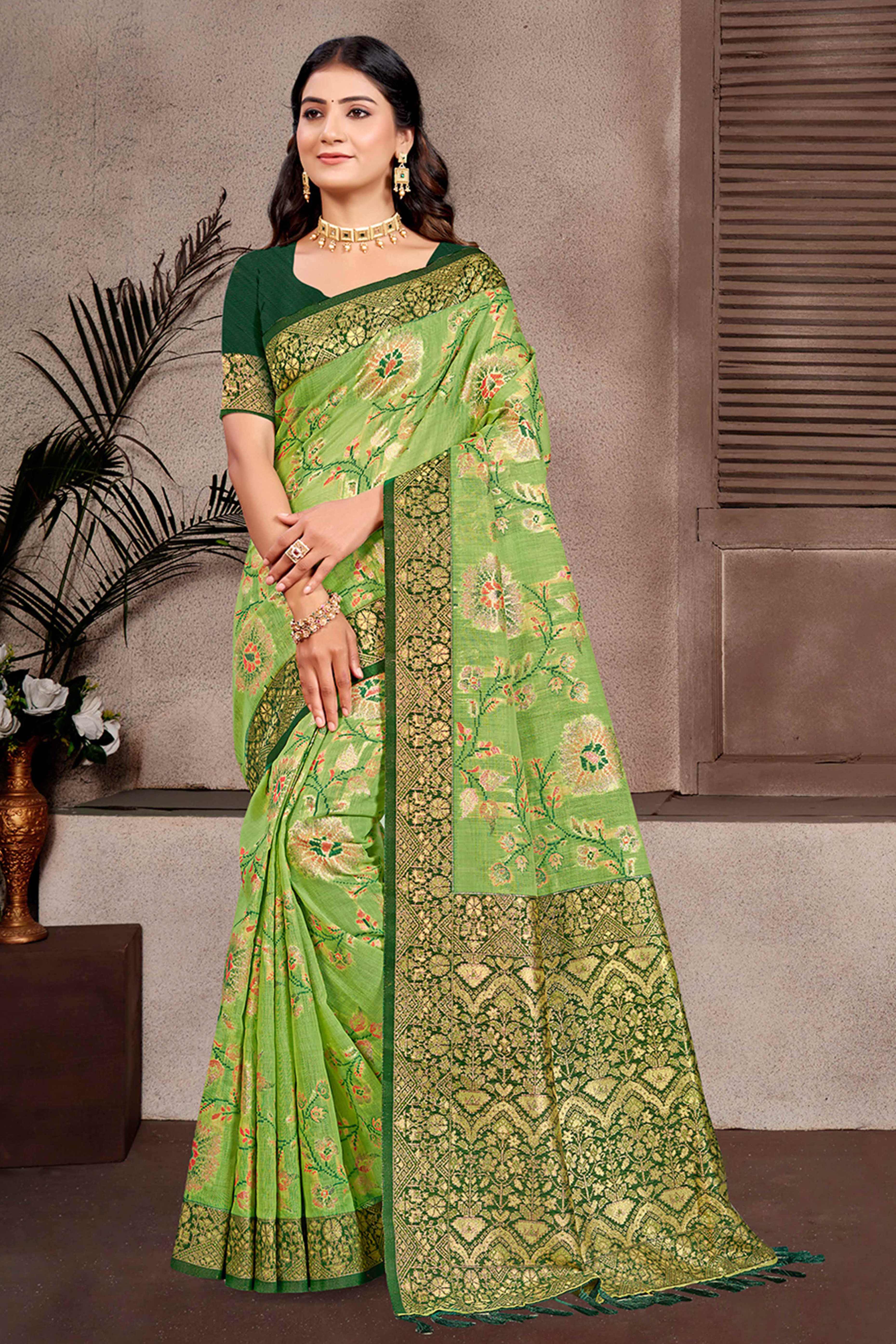 Opulent Green Floral Zari Motif Weaving Cotton Silk Saree With Elegant Tassel Pallu
