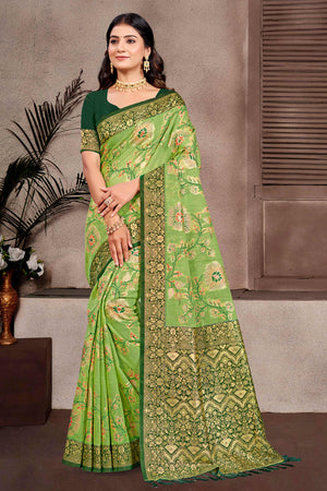 Opulent Green Floral Zari Motif Weaving Cotton Silk Saree With Elegant Tassel Pallu