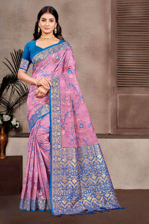 Opulent Pink Floral Zari Motif Weaving Cotton Silk Saree With Elegant Tassel Pallu