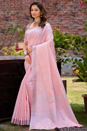 Elegant Pink Linen Saree Featuring Intricate Woven & Embroidered Patterns