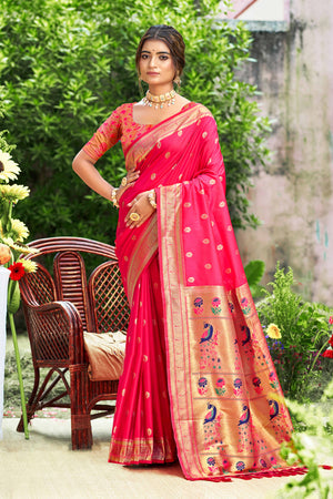 Rani Pink Zari Weaving Silk Blend Saree Adorned With Intricate Peacock Motif Pallu & Graceful Tassel