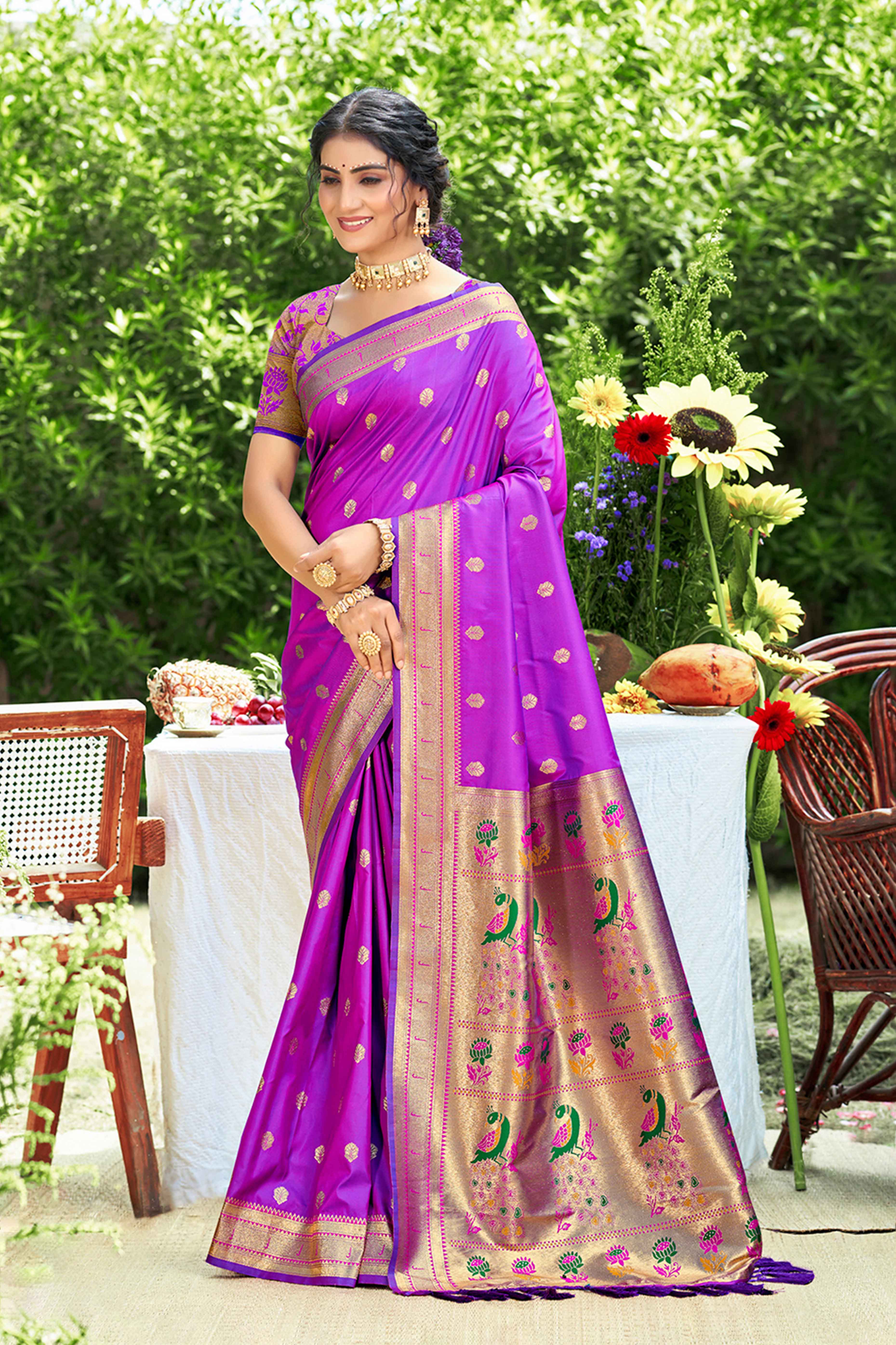 Purple Zari Weaving Silk Blend Saree Adorned With Intricate Peacock Motif Pallu & Graceful Tassel