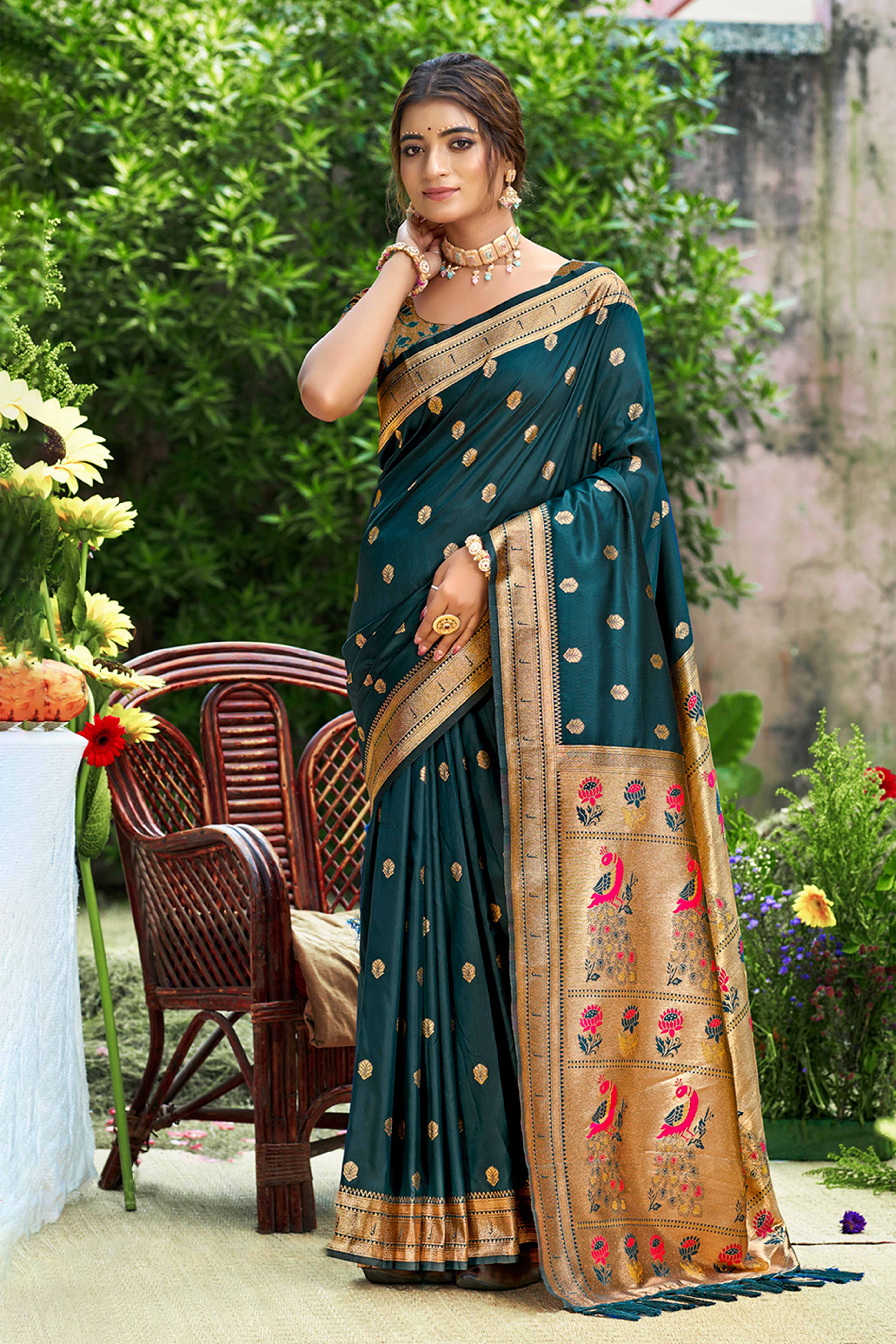 Dark Morpich Blue Zari Weaving Silk Blend Saree Adorned With Peacock Motif Pallu & Graceful Tassel