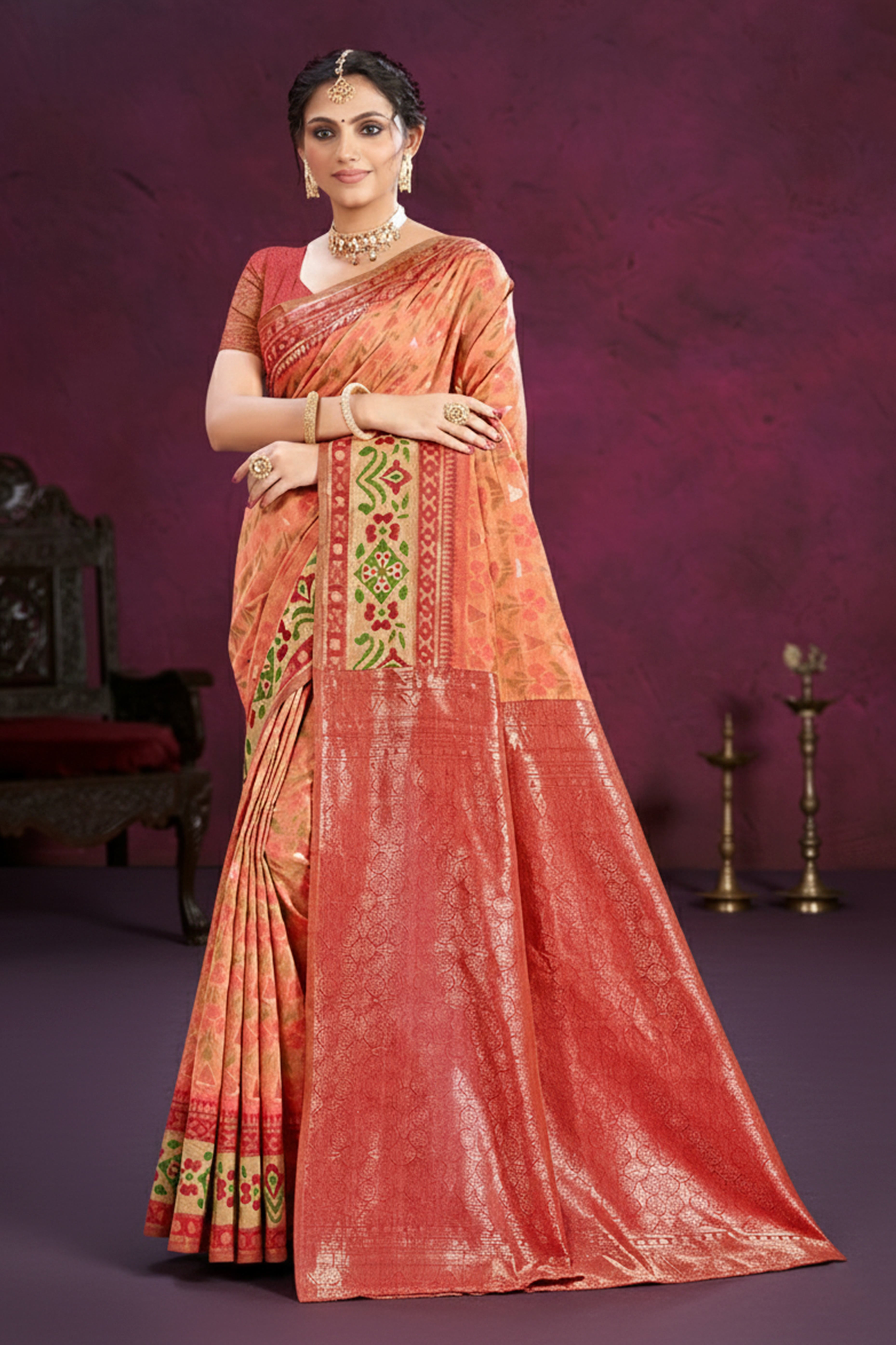 Designer Light Orange Cotton Silk Saree Showcasing Delicate Floral Weaving & Tassel Pallu