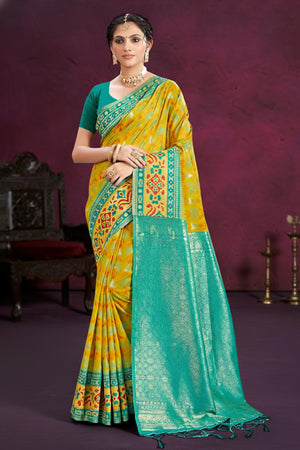 Designer Lemon Yellow Cotton Silk Saree Showcasing Delicate Floral Weaving & Tassel Pallu