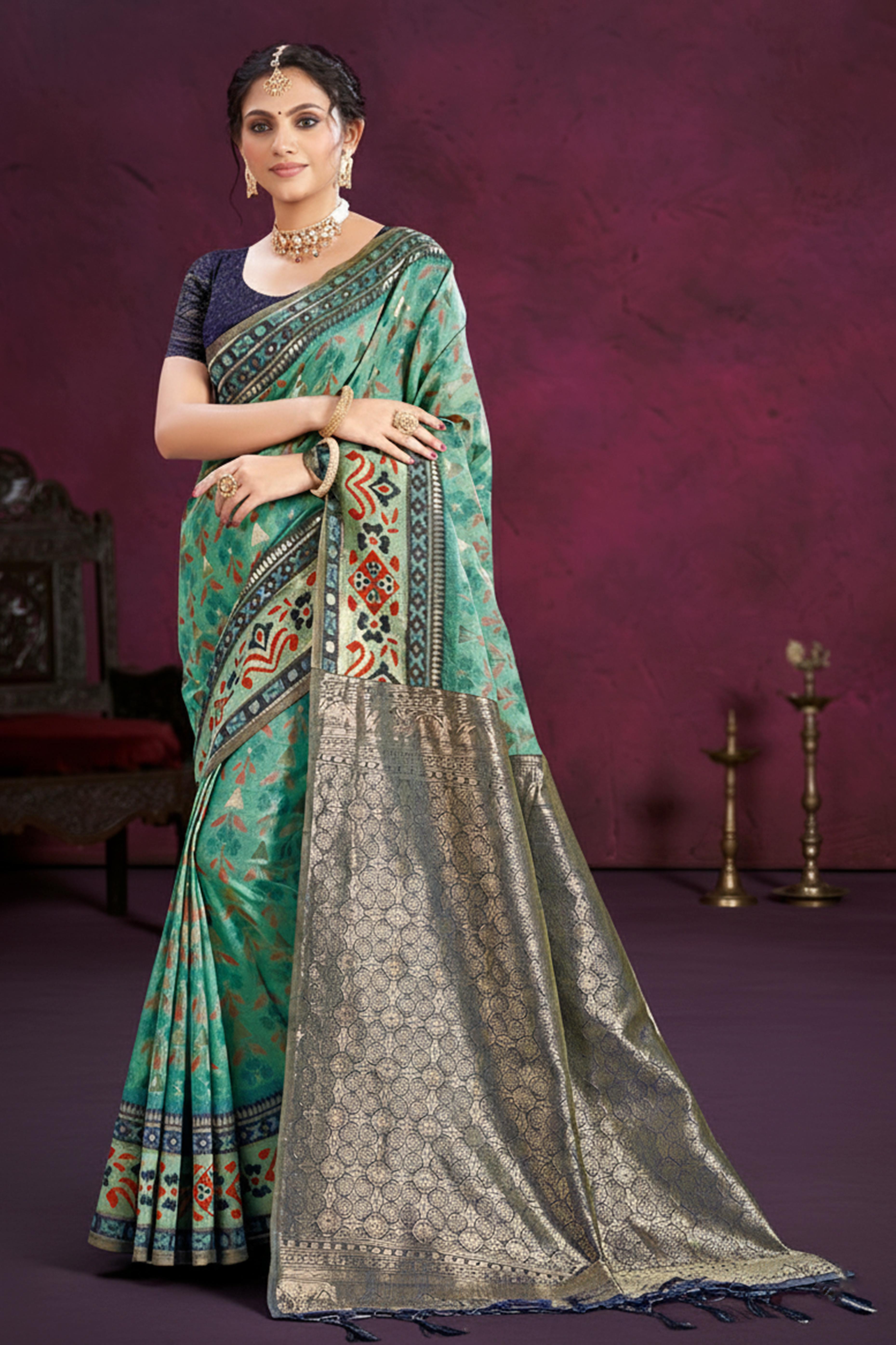 Designer Turquoise Cotton Silk Saree Showcasing Delicate Floral Weaving & Tassel Pallu