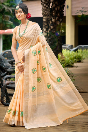 Premium Light Peach Floral Embroidered Linen Saree With Striped Pattern Tassel Pallu