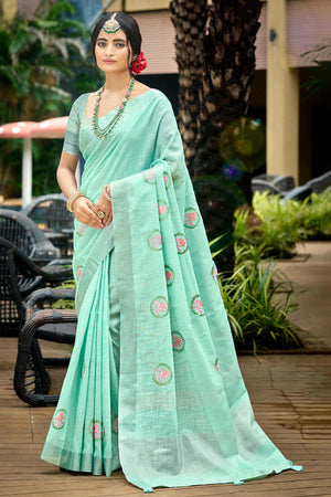 Premium Turquoise Floral Embroidered Linen Saree With Striped Pattern Tassel Pallu