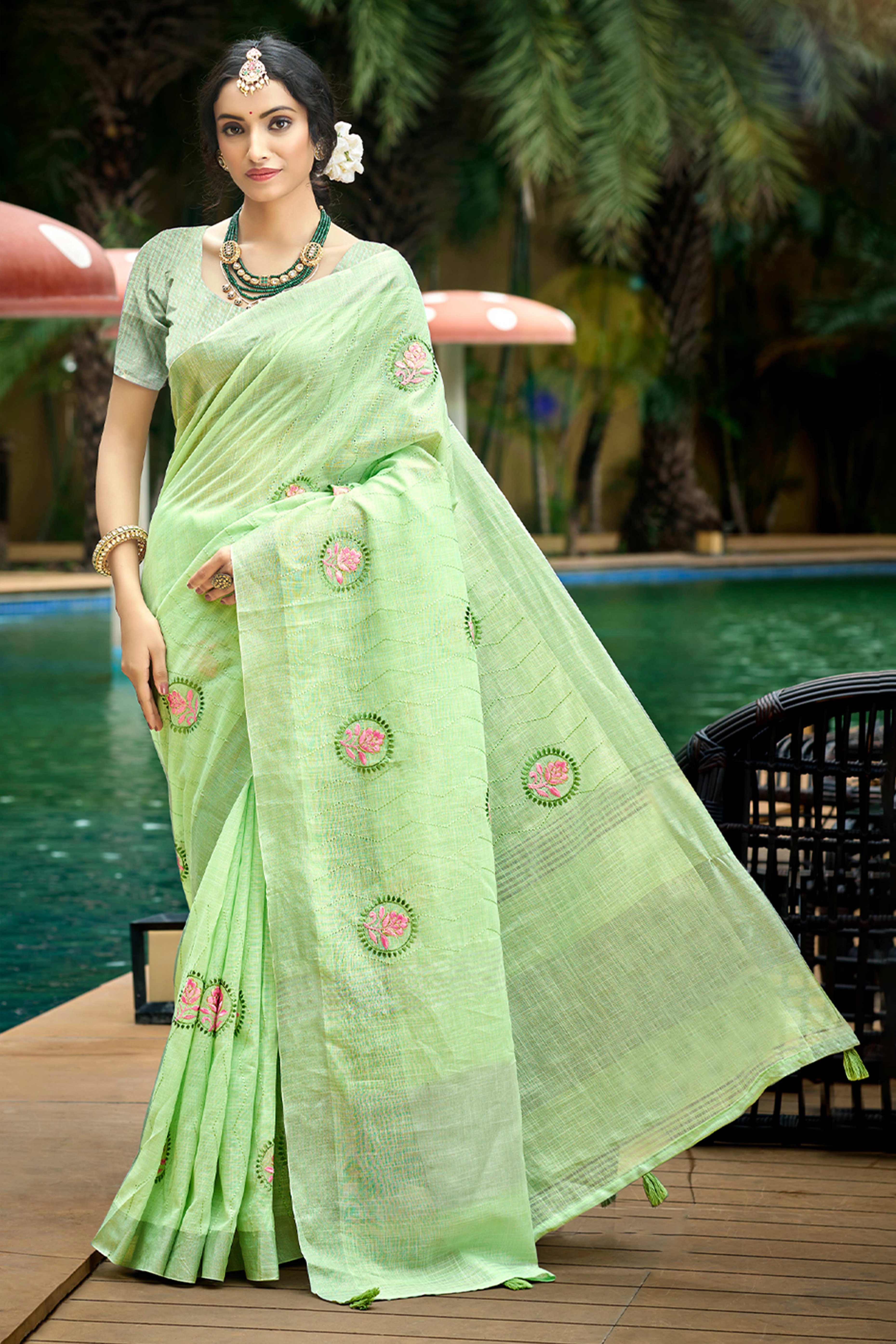 Premium Green Floral Embroidered Linen Saree With Striped Pattern Tassel Pallu