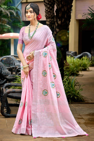 Premium Baby Pink Floral Embroidered Linen Saree With Striped Pattern Tassel Pallu