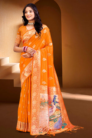 Luxury Orange Floral Weaving Silk Blend Saree Finished With A Digital Peacock Printed Pallu