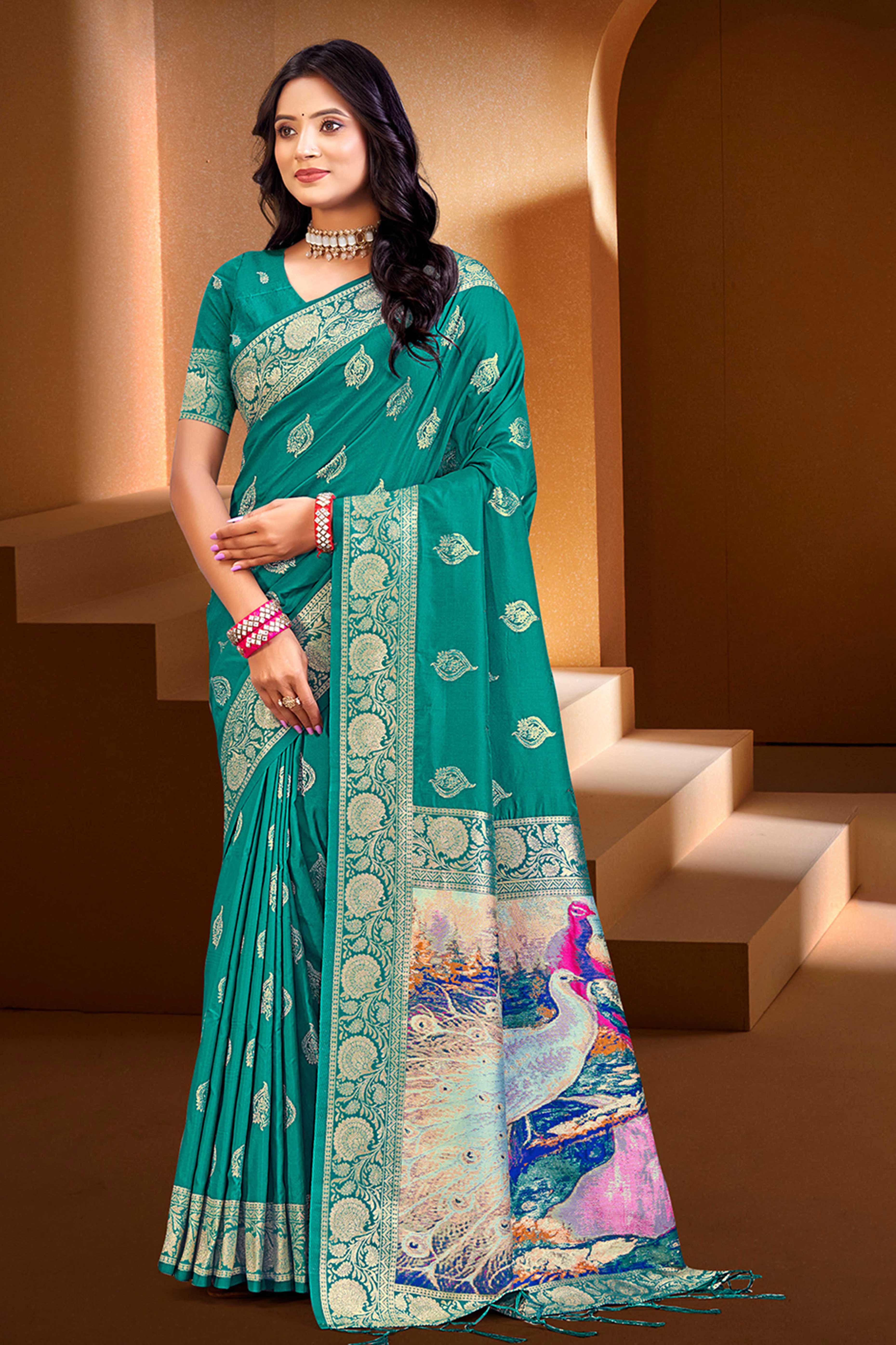 Luxury Rama Green Floral Weaving Silk Blend Saree Finished With A Digital Peacock Printed Pallu