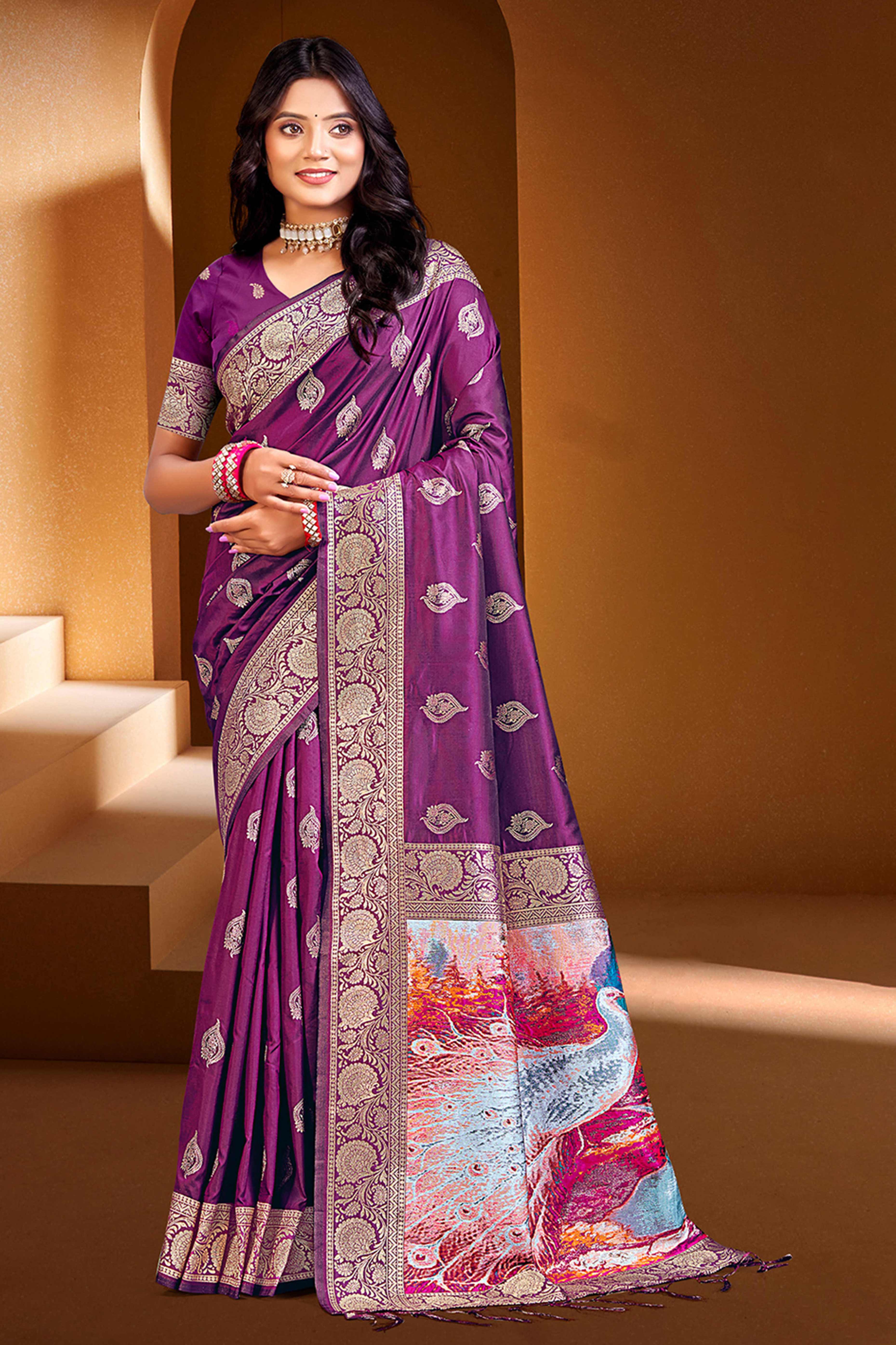 Luxury Purple Floral Weaving Silk Blend Saree Finished With A Digital Peacock Printed Pallu