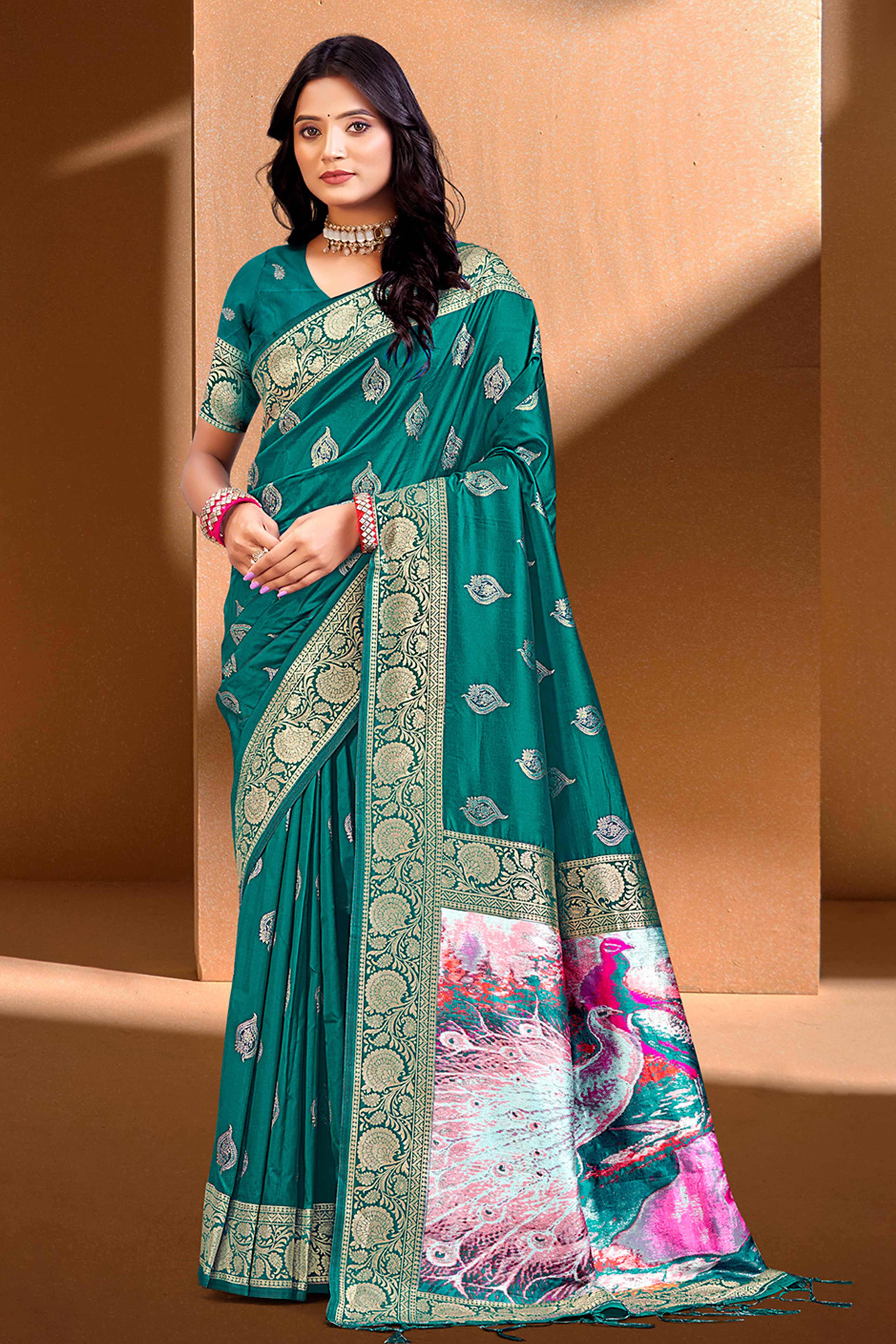Luxury Teal Floral Weaving Silk Blend Saree Finished With A Digital Peacock Printed Pallu