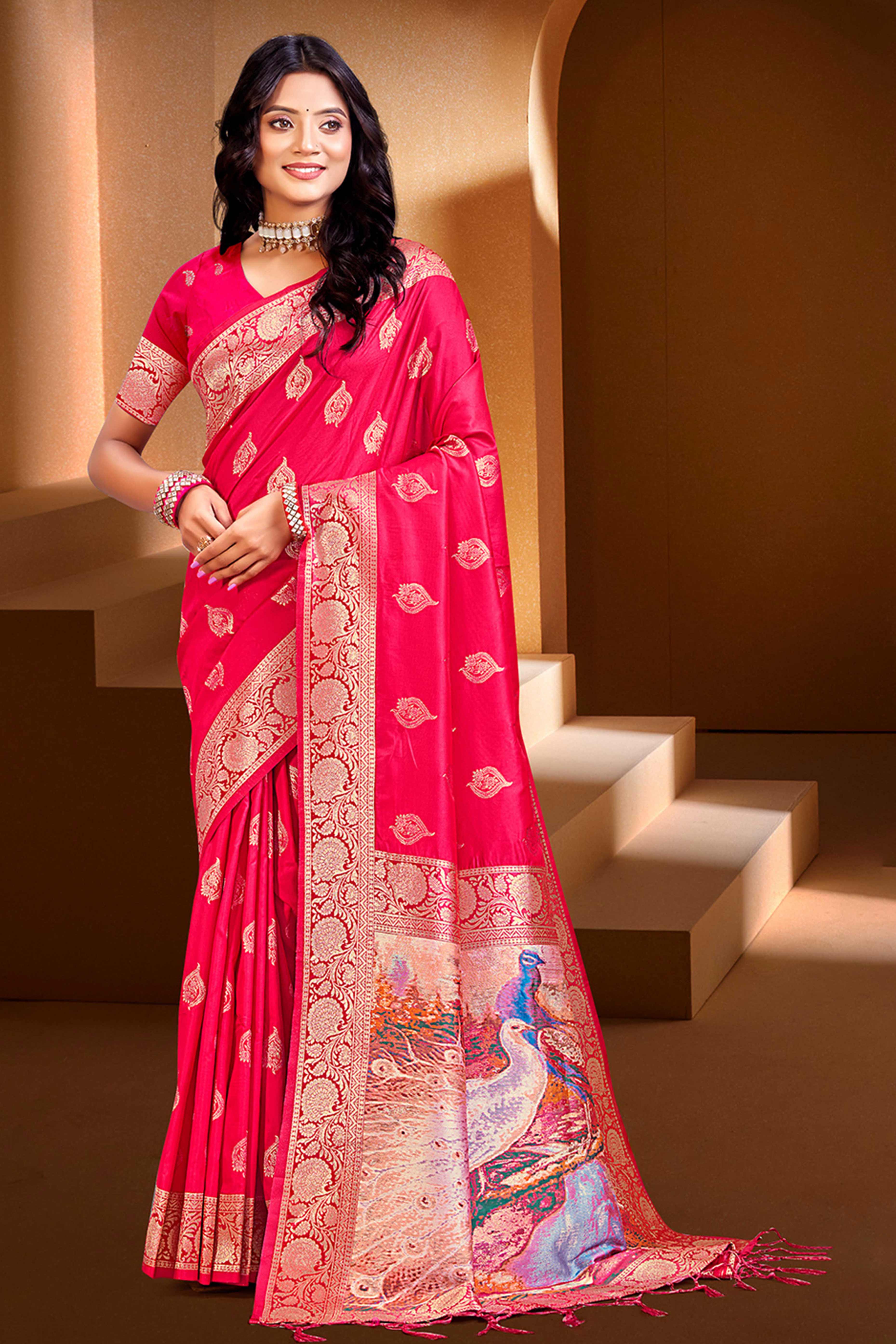 Luxury Pink Floral Weaving Silk Blend Saree Finished With A Digital Peacock Printed Pallu