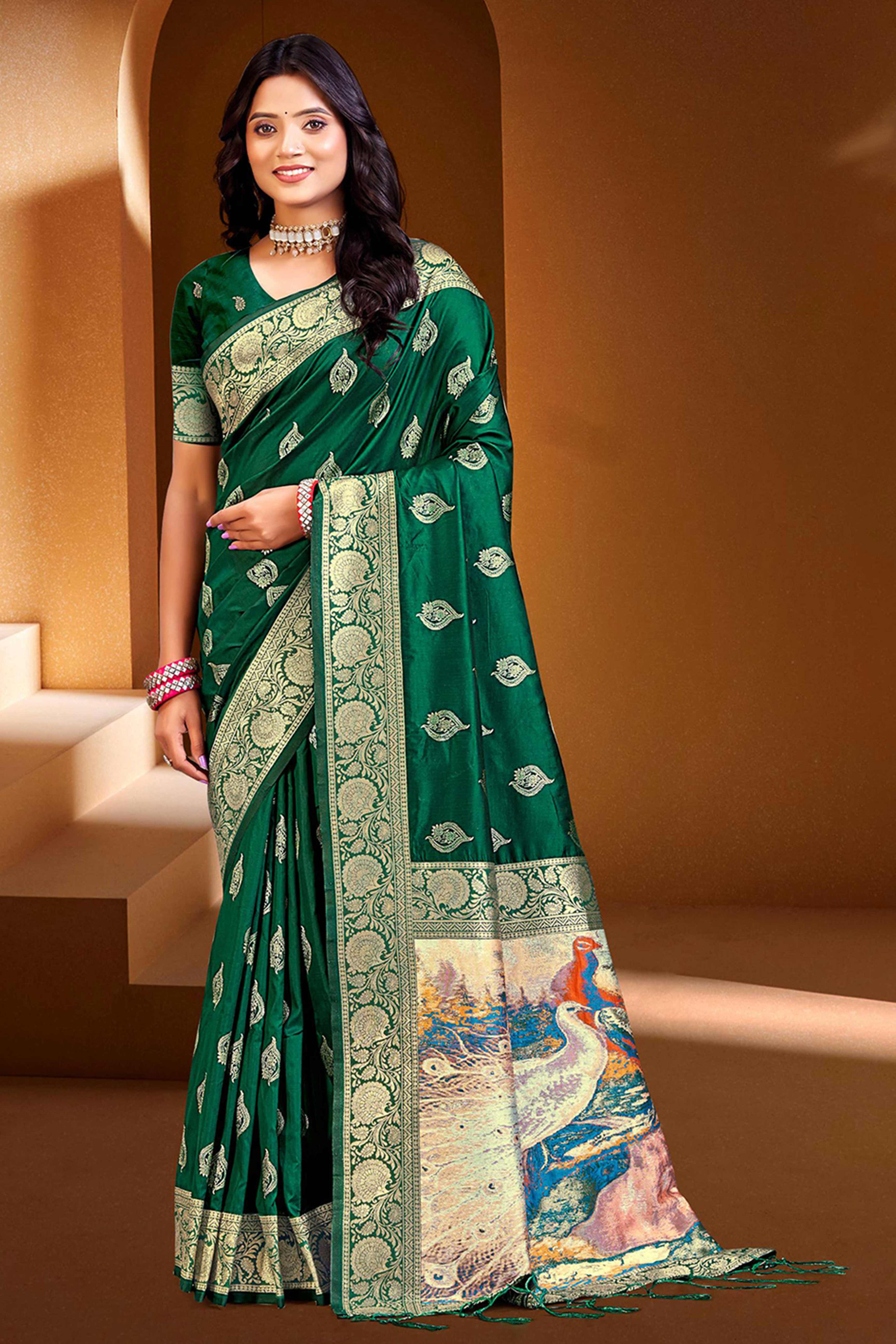 Luxury Green Floral Weaving Silk Blend Saree Finished With A Digital Peacock Printed Pallu
