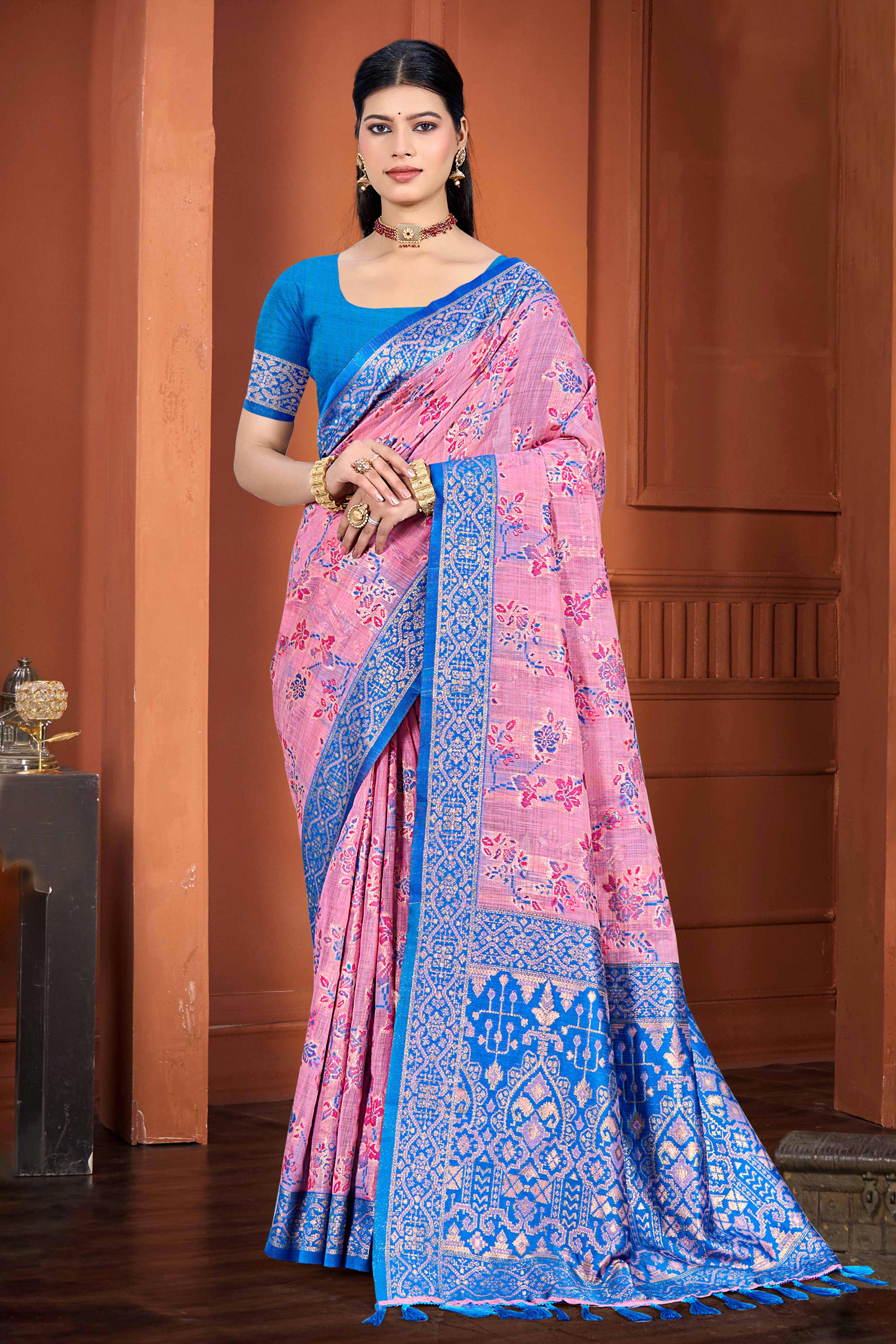 Stunning Pink Floral Zari Weaving Cotton Silk Meena Saree With Tassel Pallu