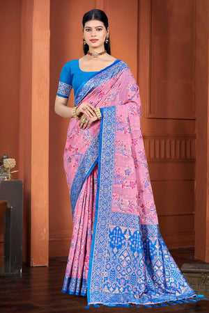 Stunning Pink Floral Zari Weaving Cotton Silk Meena Saree With Tassel Pallu