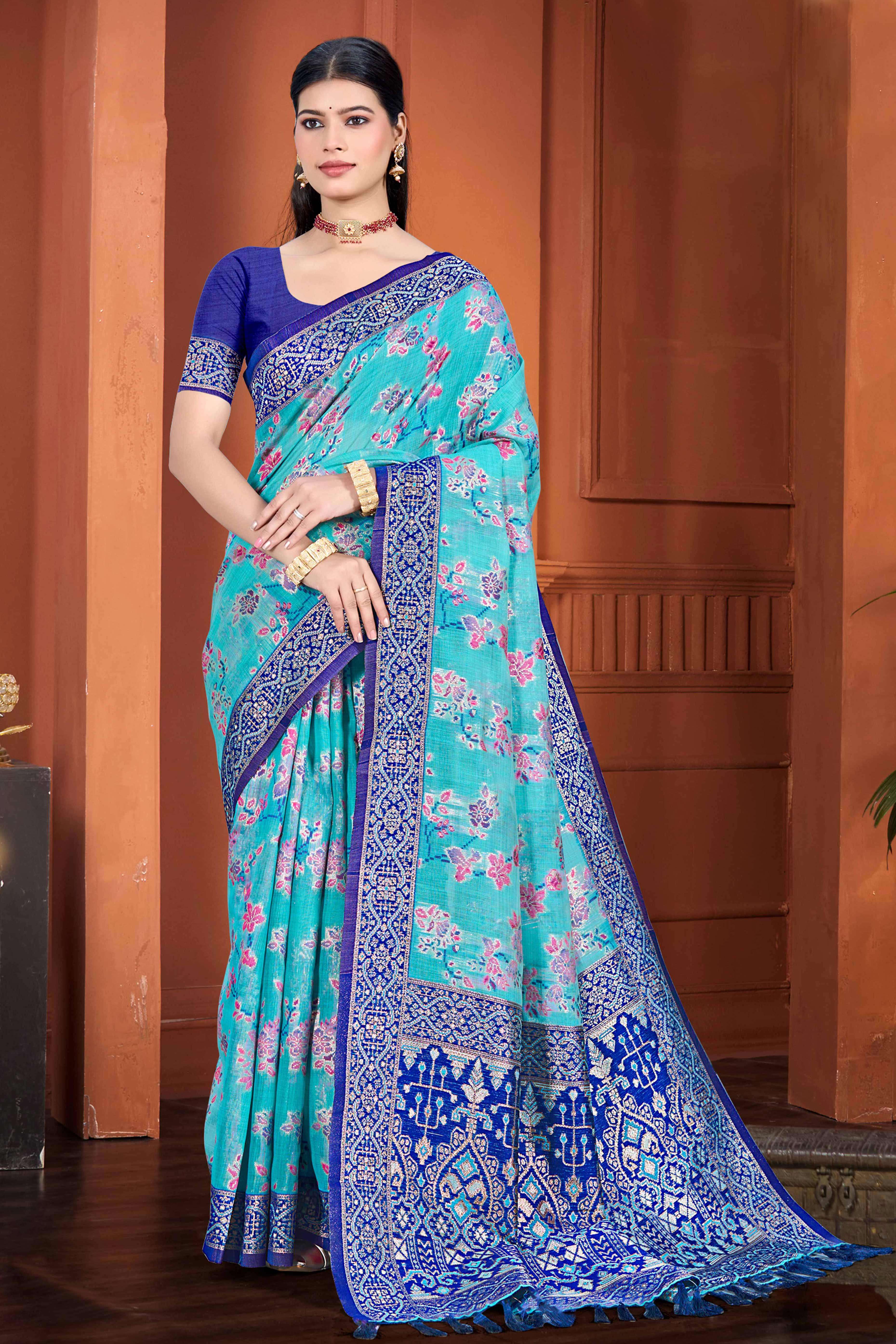 Stunning Blue Floral Zari Weaving Cotton Silk Meena Saree With Tassel Pallu