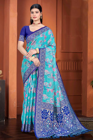 Stunning Blue Floral Zari Weaving Cotton Silk Meena Saree With Tassel Pallu