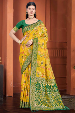 Stunning Mustard Floral Zari Weaving Cotton Silk Meena Saree With Tassel Pallu