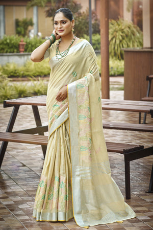 Classic Pista Green Leaf Pattern Thread Embroidery Work Linen Saree With Tassel Pallu