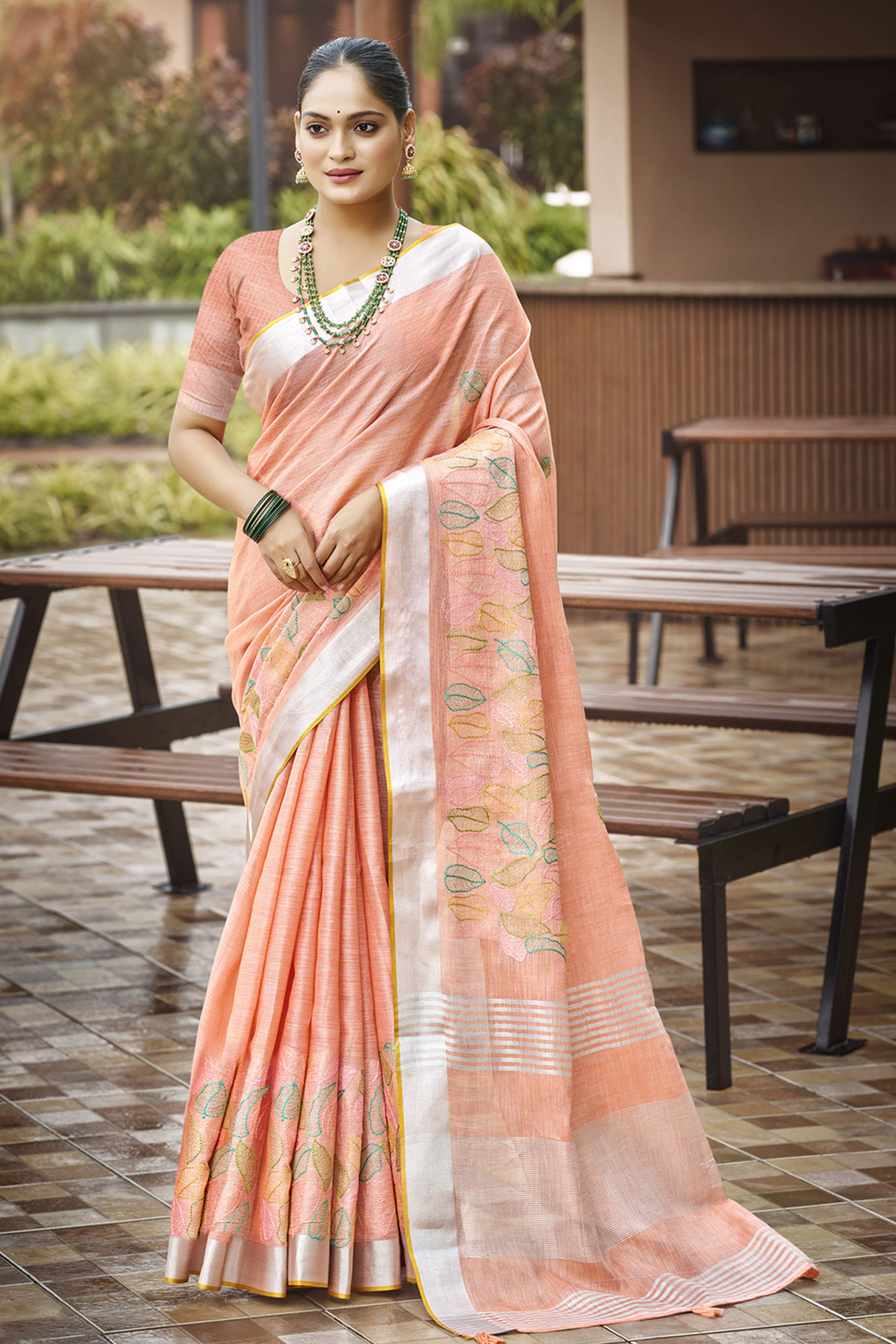 Classic Peach Leaf Pattern Thread Embroidery Work Linen Saree With Tassel Pallu